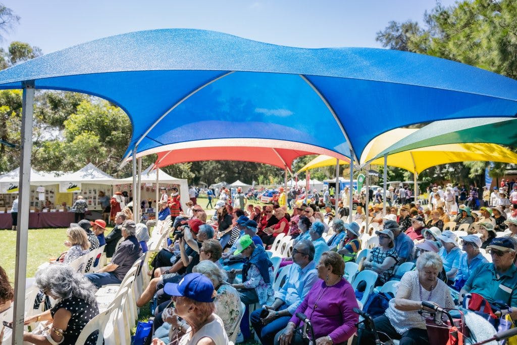 Seniors enjoy fun healthy ageing presentations under the shade at Have A Go Day