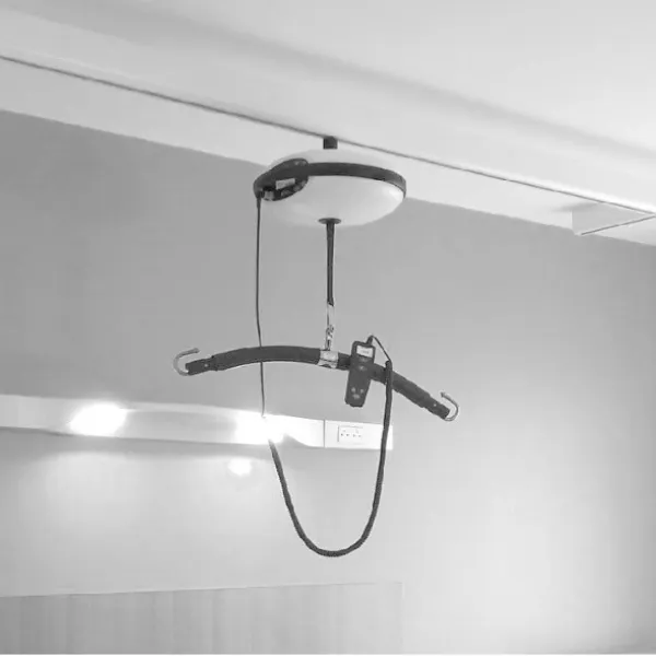 Ceiling hoist unit suspended from a permanently mounted ceiling track.