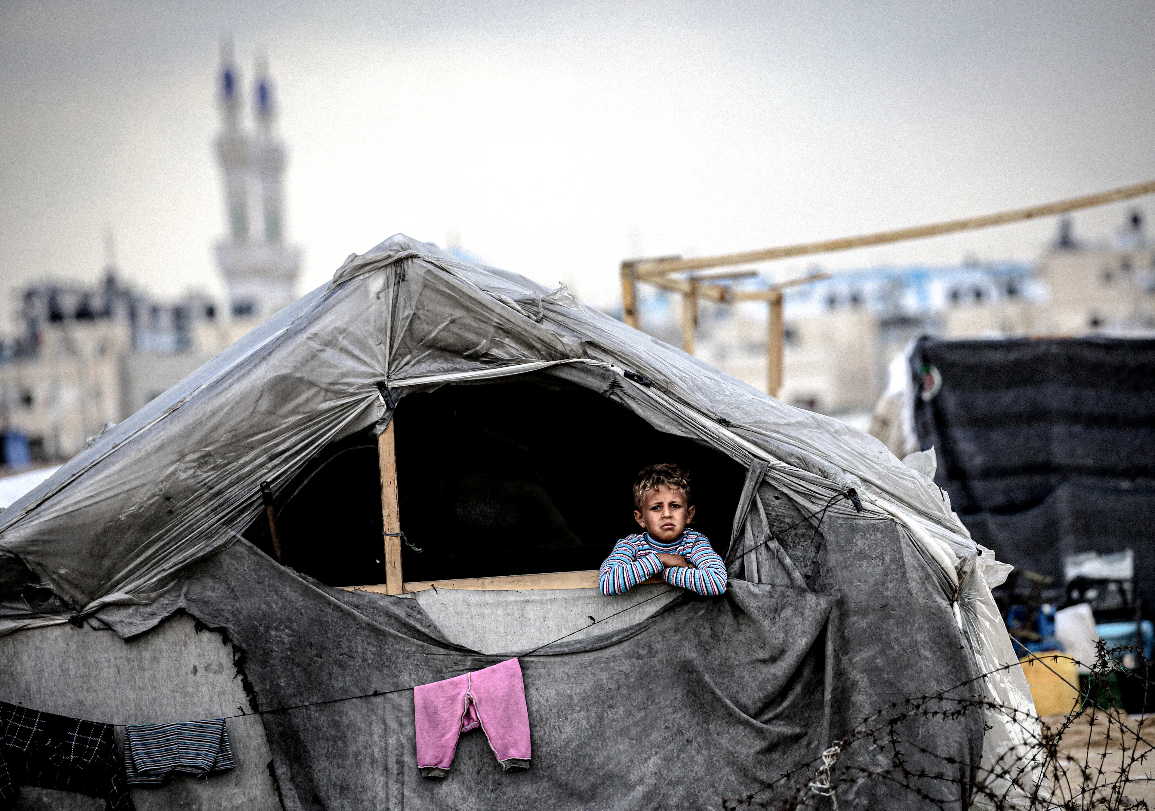 A child peers out from a makeshift shelter built from wood and plastic, where displaced families have sought safety in Rafah, south of the Gaza Strip. 