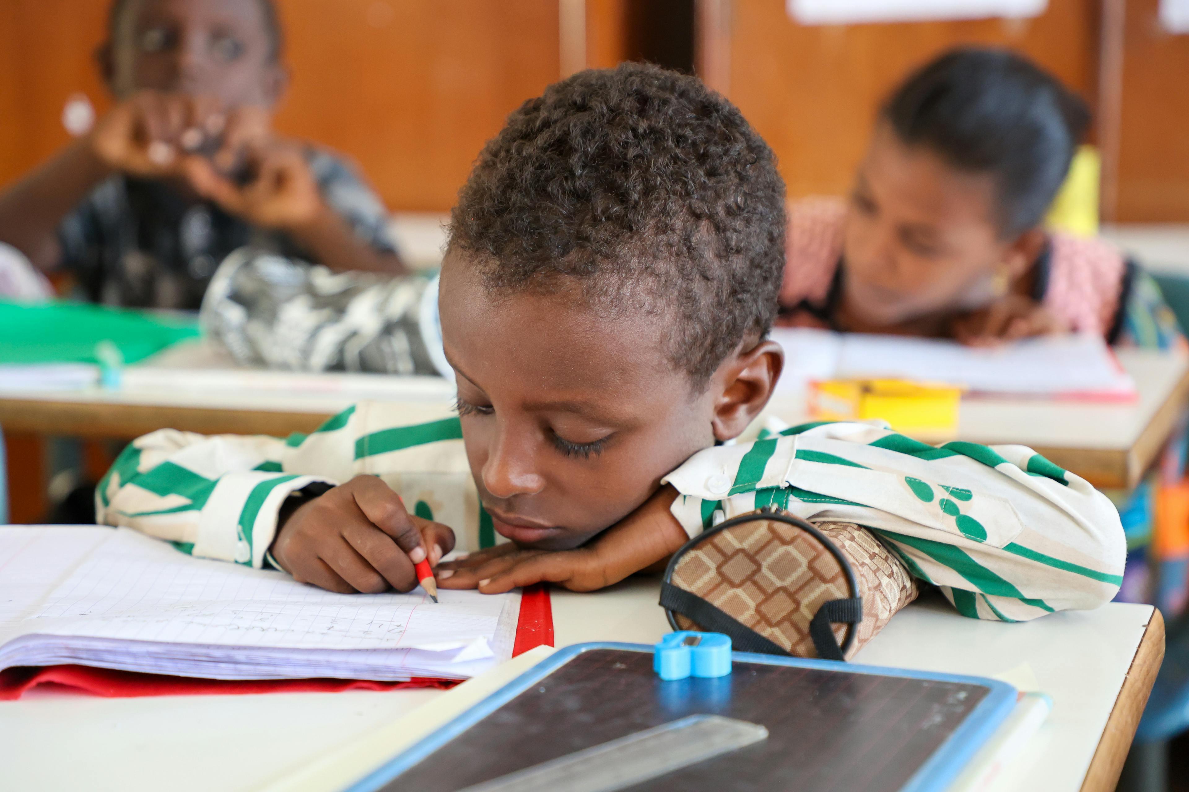 A young boy immersed in learning