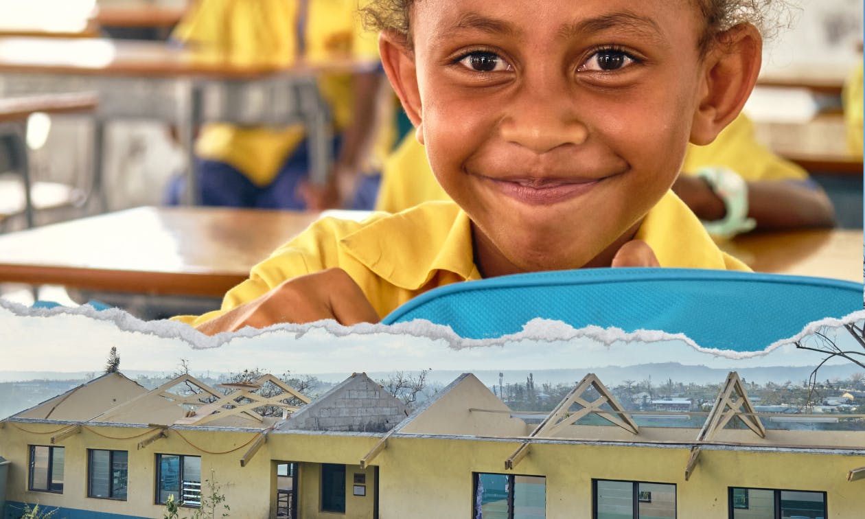 Top: A young school boy smiles at the camera. Below: a school has it's ceilings torn off from a severe storm.