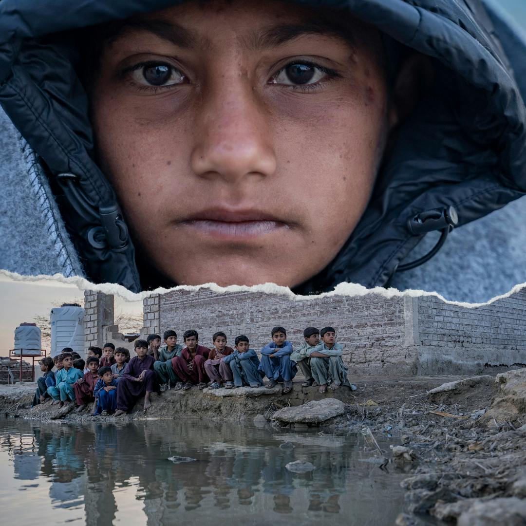 8-year-old Sameer keeps himself warm with the help of a jacket and blanket provided by UNICEF in Zangi Brohi Village, Dadu District, Sindh.