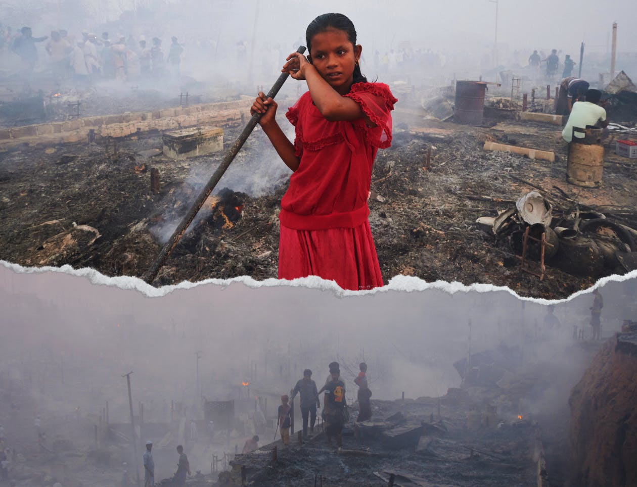 Top: A young girl stands surrounded by a house that has been burnt down from a natural disaster. Bottom: young boys walk through smoke during the wreckage of a natural disaster. 