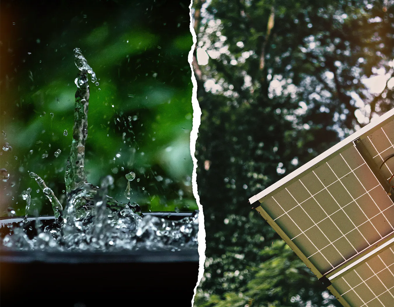 Rain water splashing in a bucket/ a solar power panel