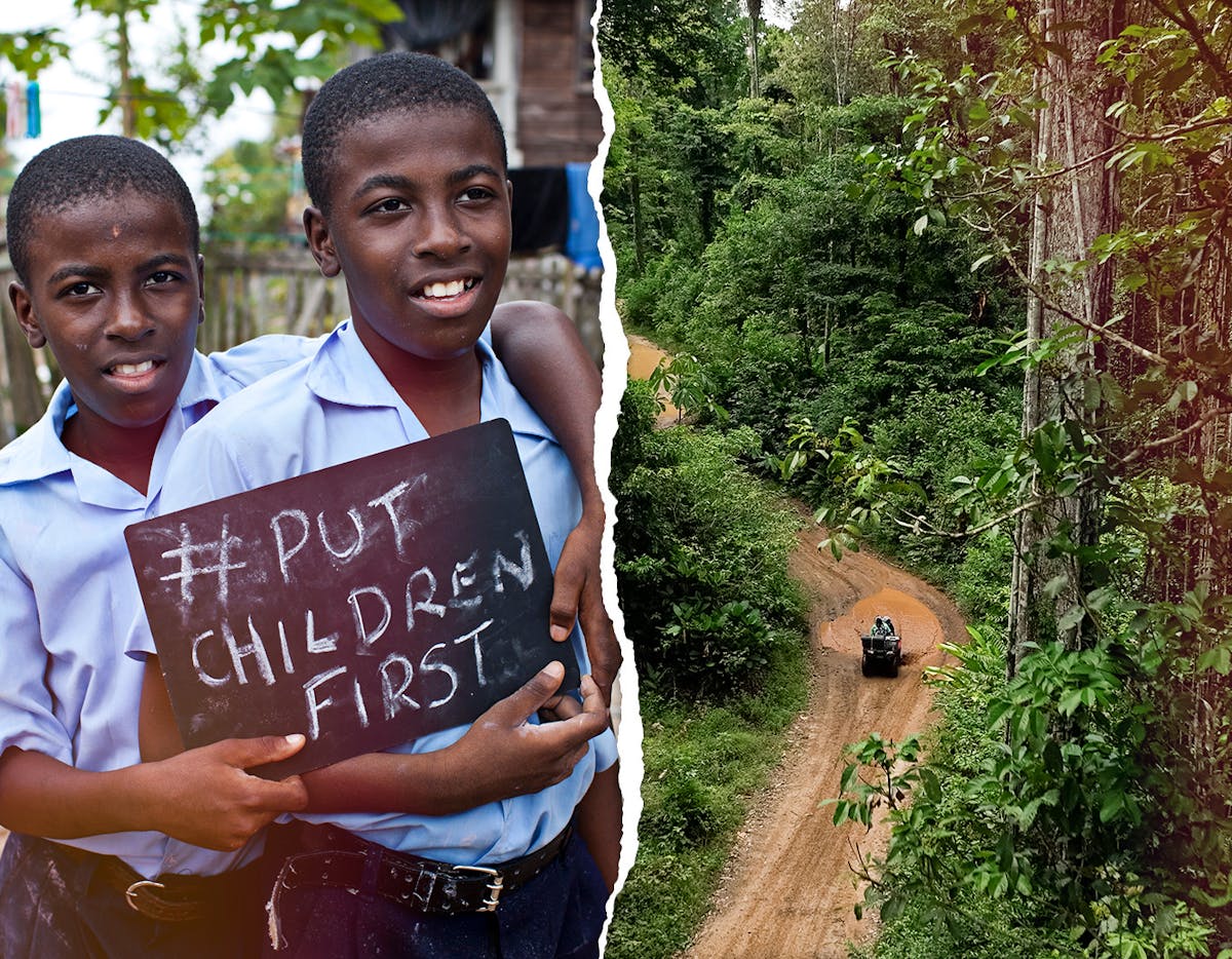 Two young boys from Brazil hold a sign reading Put Children First/ A UNICEF truck driving through a dirt road to read Suriname
