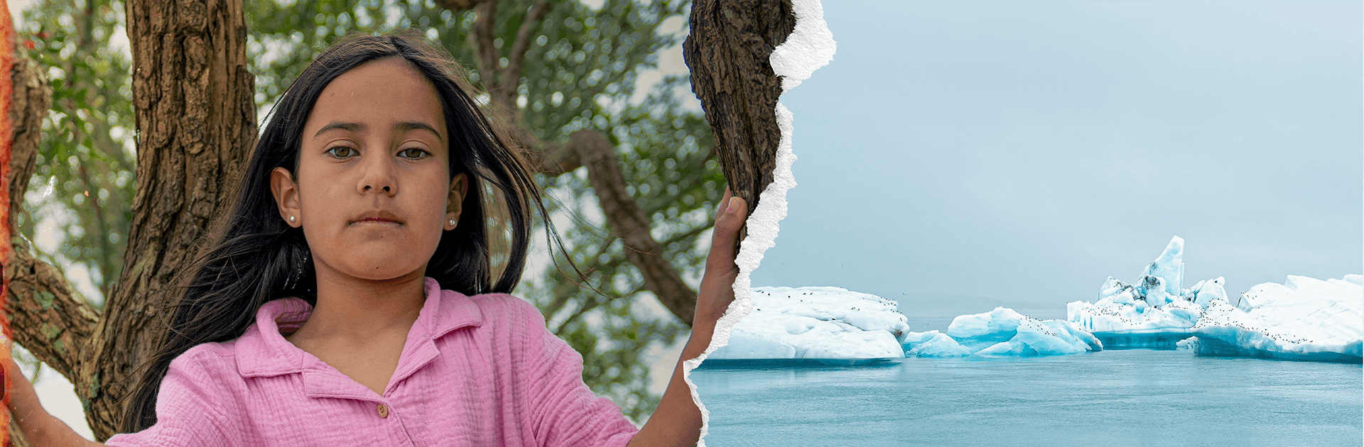 Young girl standing outside amongst trees next to photo of melting ice caps