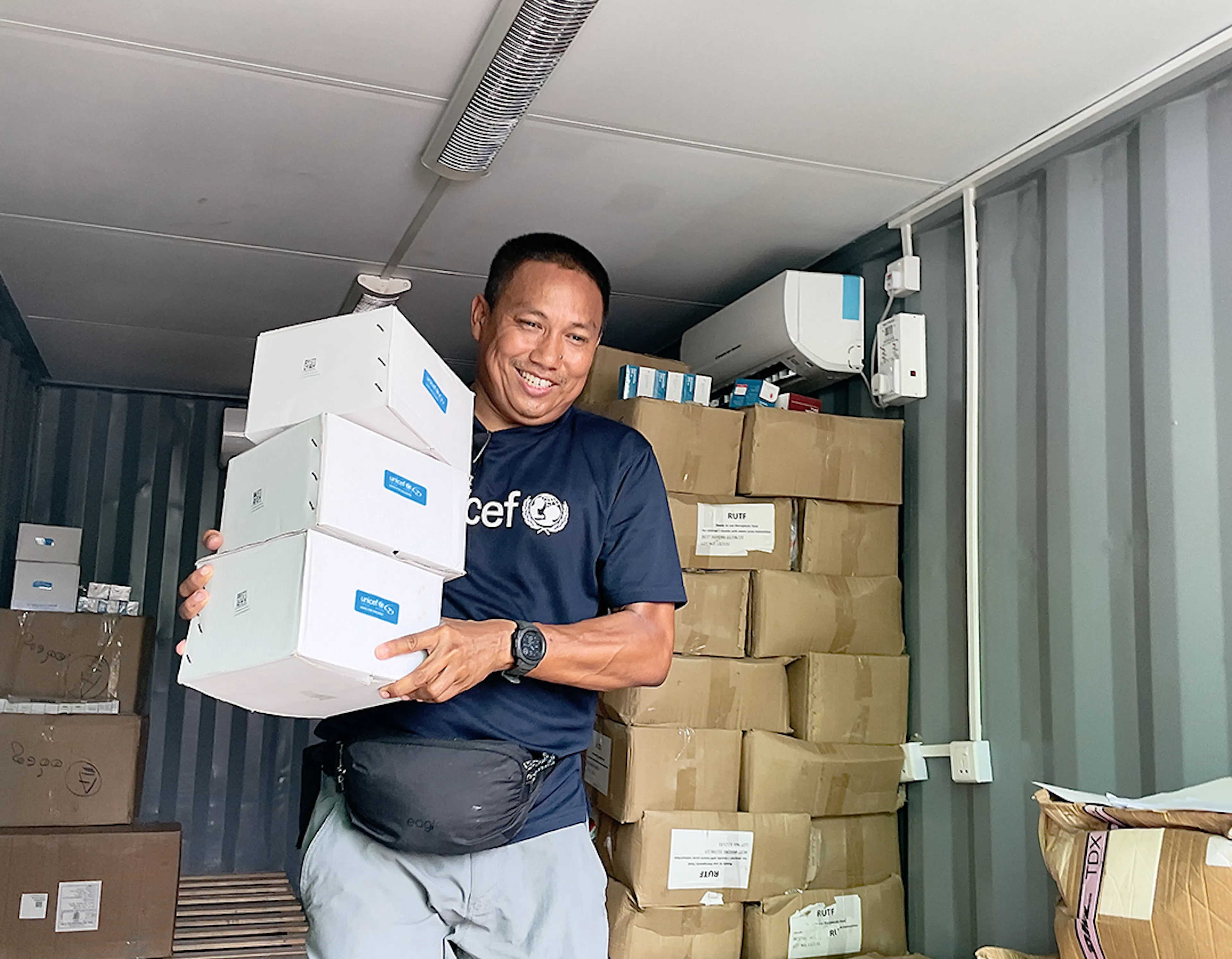 On 20.5.2023, Unicef is providing supplies from its warehouse such as purification power, chlorine wash and water buckets to local partner in Sittwe, Rakhine State, Myanmar for donating the local residents and refugees who are suffered from the landfall of deadly cyclone Mocha in the area.
