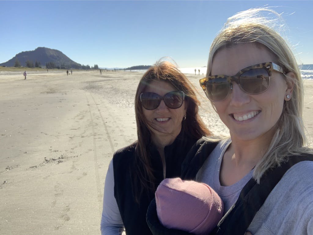 Gemma McCaw with her baby and mother at the Mount beach