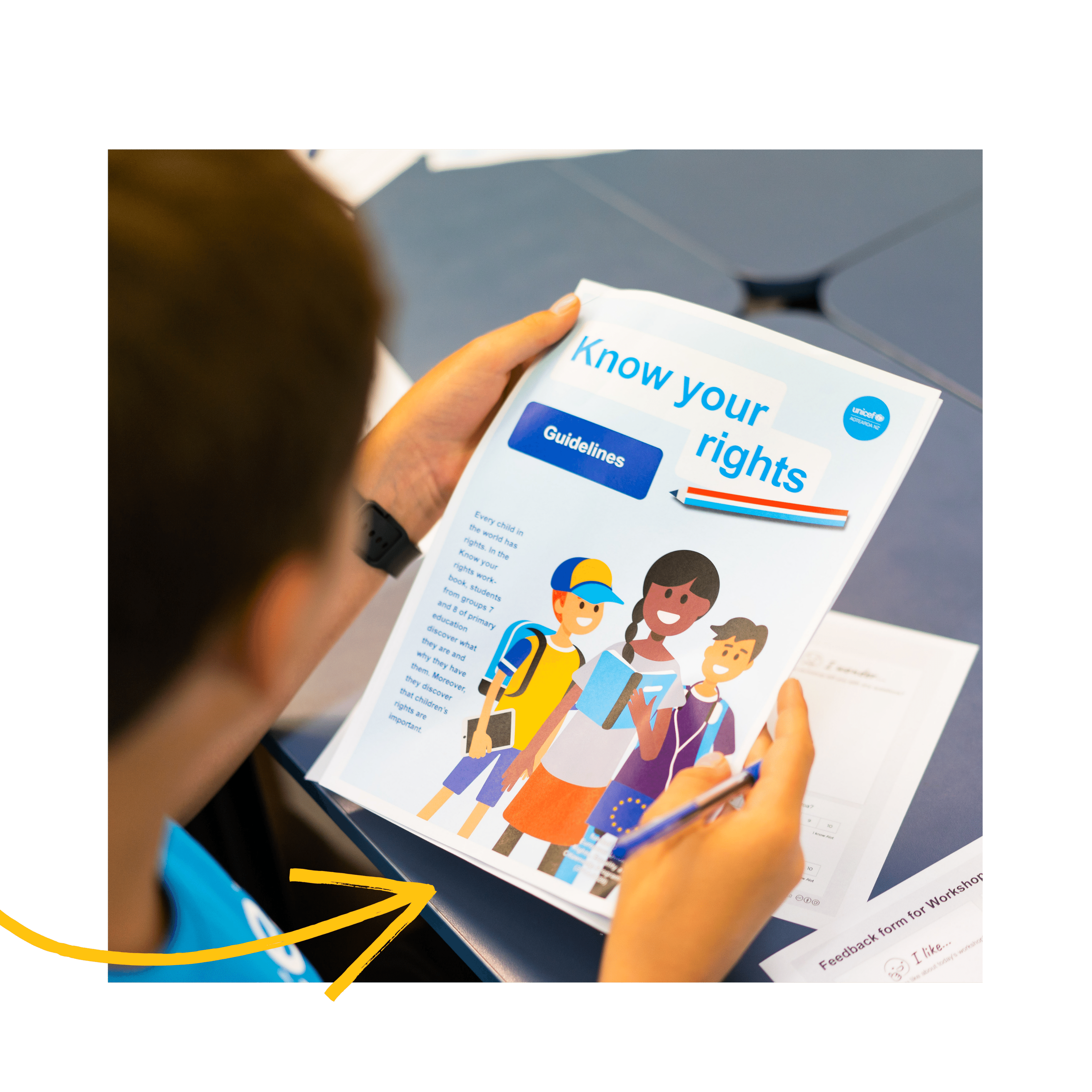 Kid reading UNICEF child rights resource called Know Your Rights