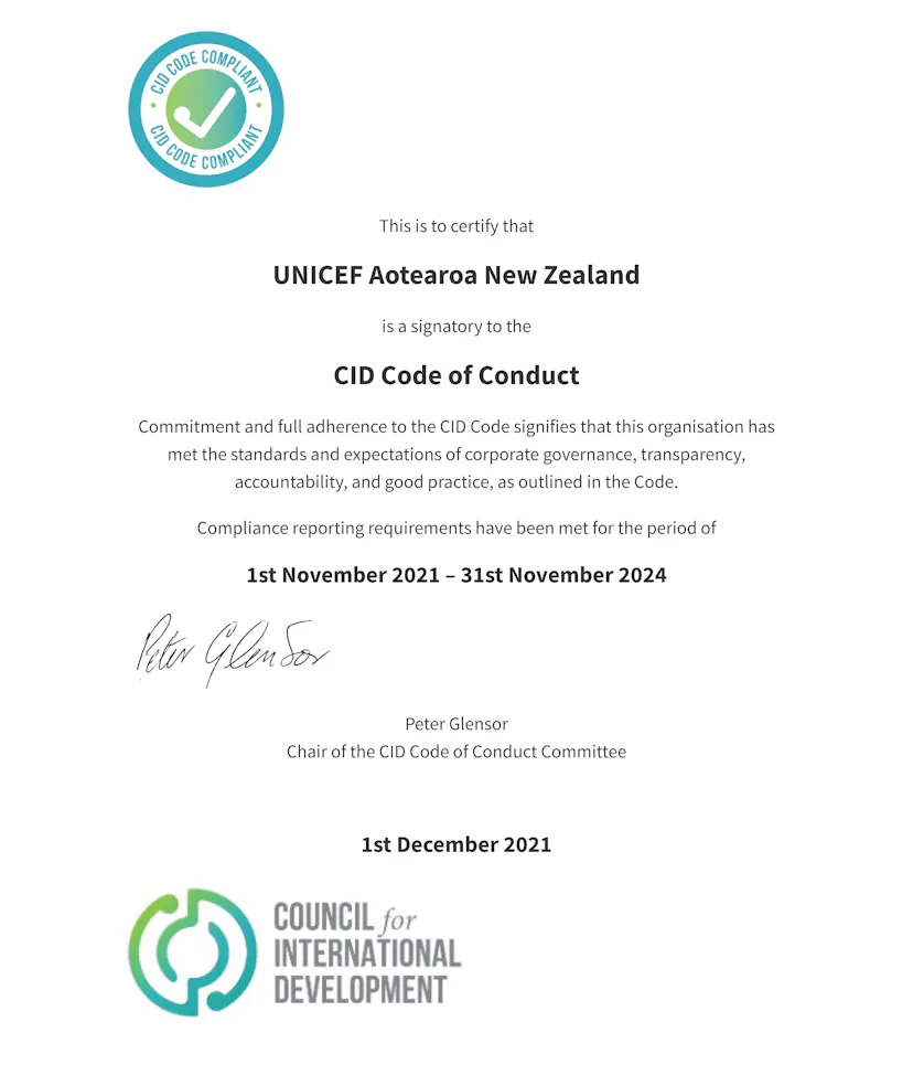 UNICEF Aotearoa CID Code of Conduct | Transparency & Ethical Practices