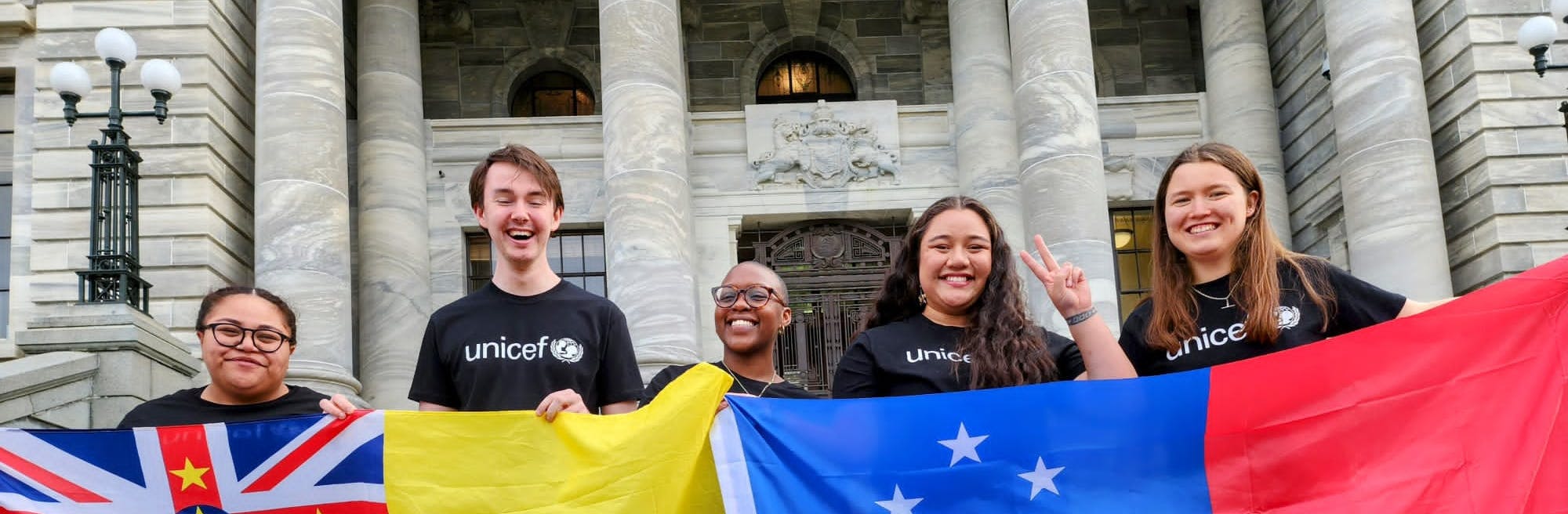 UNICEF Aotearoa Young Ambassadors on the steps of the Beehive