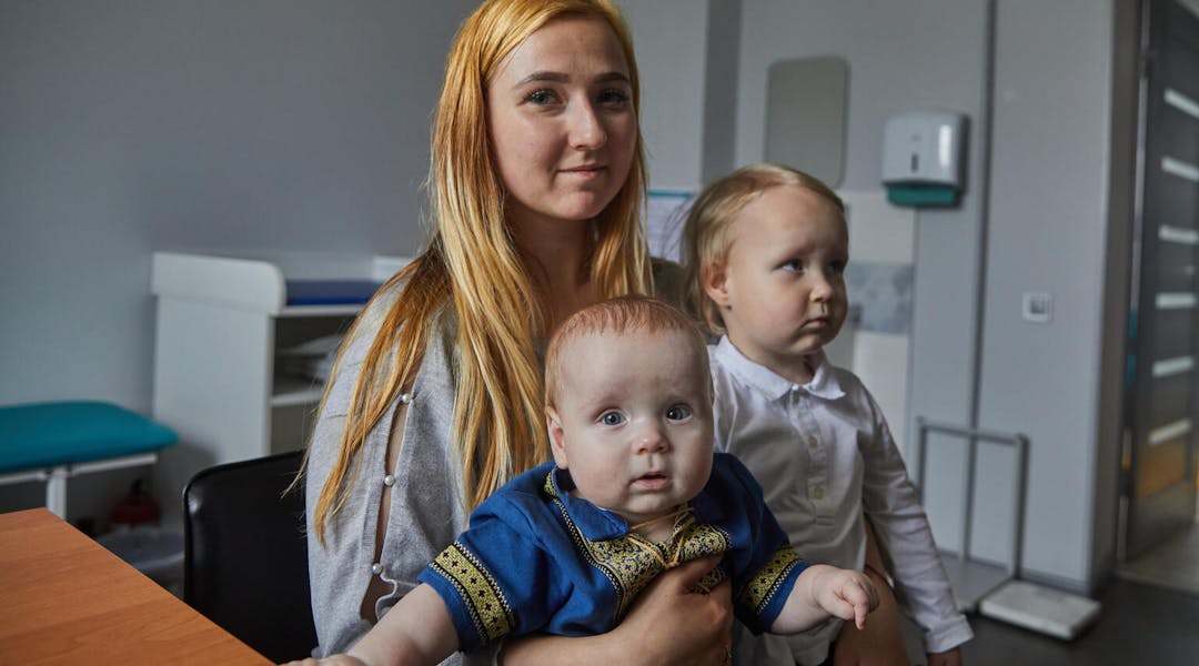 Ukraine Emergency, Oleksandr (7-months) has come to a UNICEF-supported health clinic to a DPT (diphtheria, pertussis, tetanus) and polio vaccine in Kviv, Ukraine. 