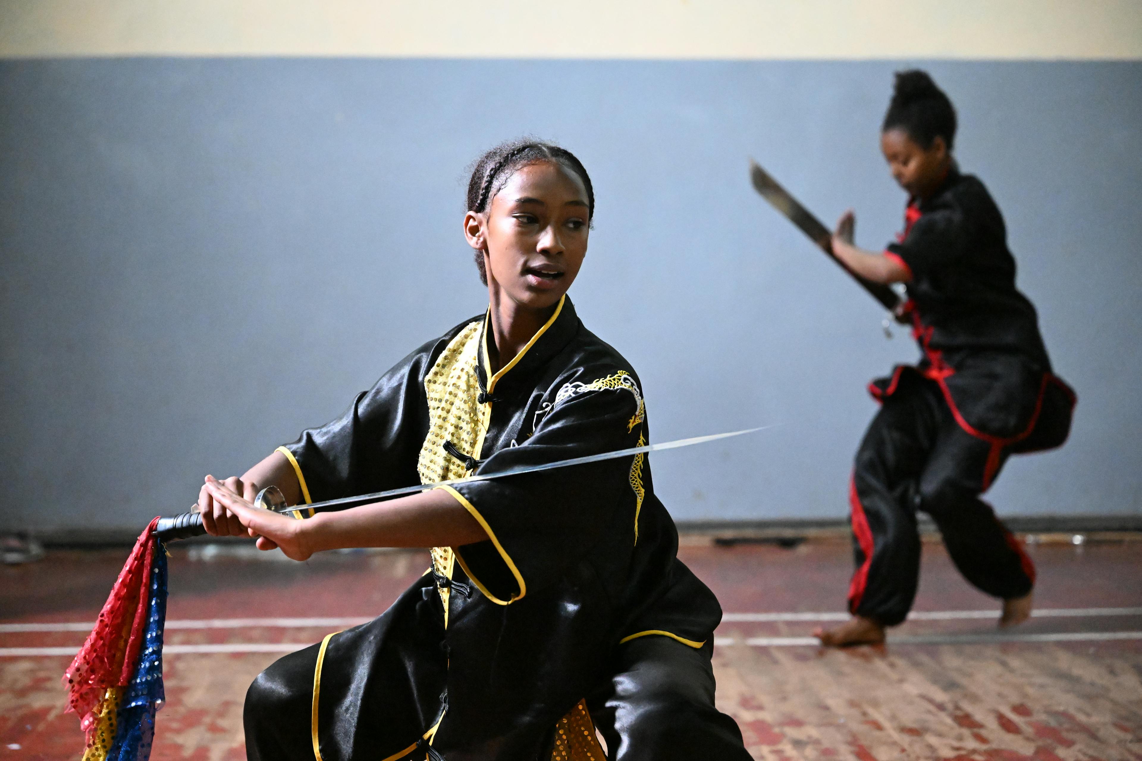 Yordanos Asrat, a 16 year old girl, practices Wushu broadsword, in Addis Ababa, the capital of Ethiopia.