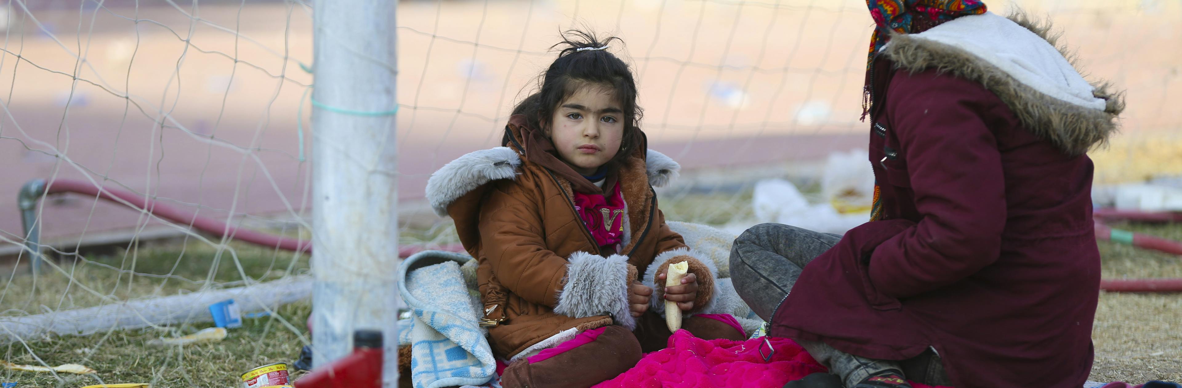 Children among the newly arrived families at a reception centre in Ar-Raqqa city, Syria, on 4 December 2024, who fled the escalating violence in Aleppo