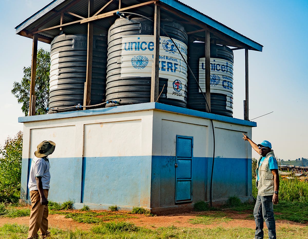 Water tanks installed by UNICEF with support from UNCERF in Rhoe IDP site, Ituri province, DR Congo on June 19, 2024.