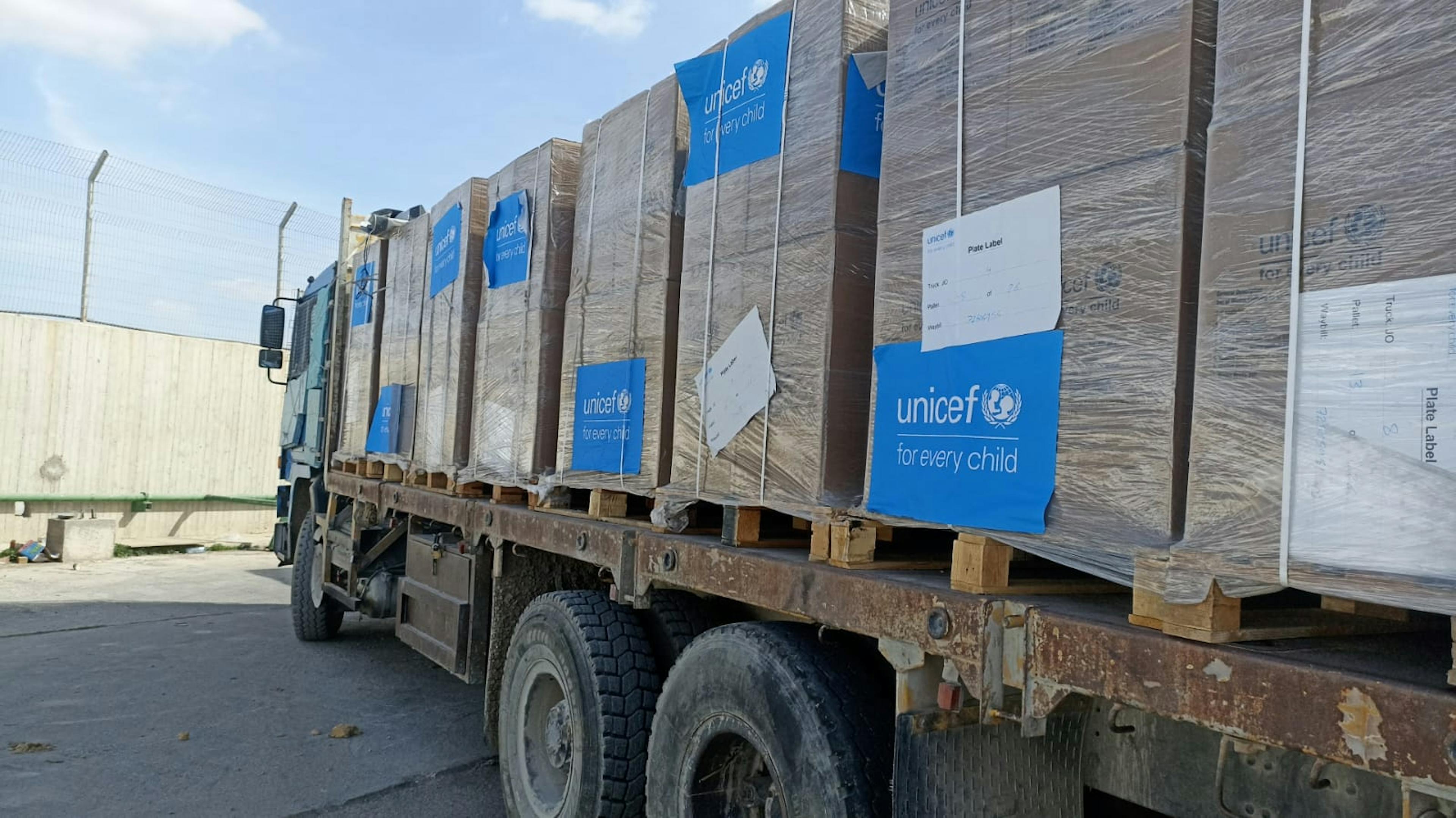 On 19 January 2025, trucks loaded with water, hygiene kits, and nutrition items enter the Gaza Strip in the State of Palestine, via Kerem Shalom crossing point.