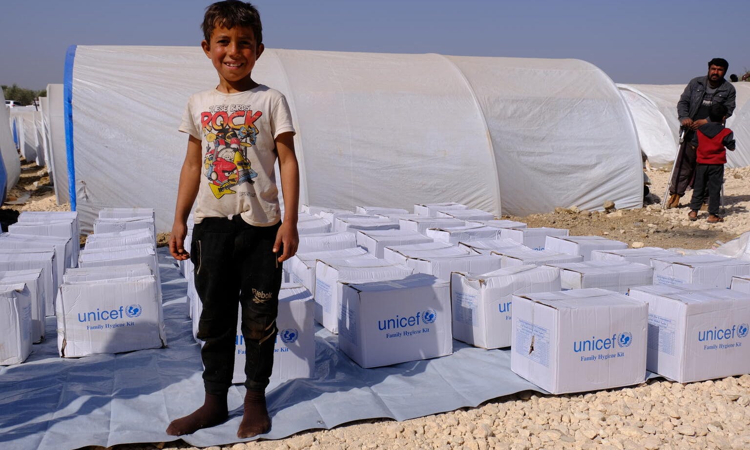 On 1 March 2023 in A'zaz, north-west Syria, UNICEF Family Hygiene Kits are distributed to displaced Syrian families.