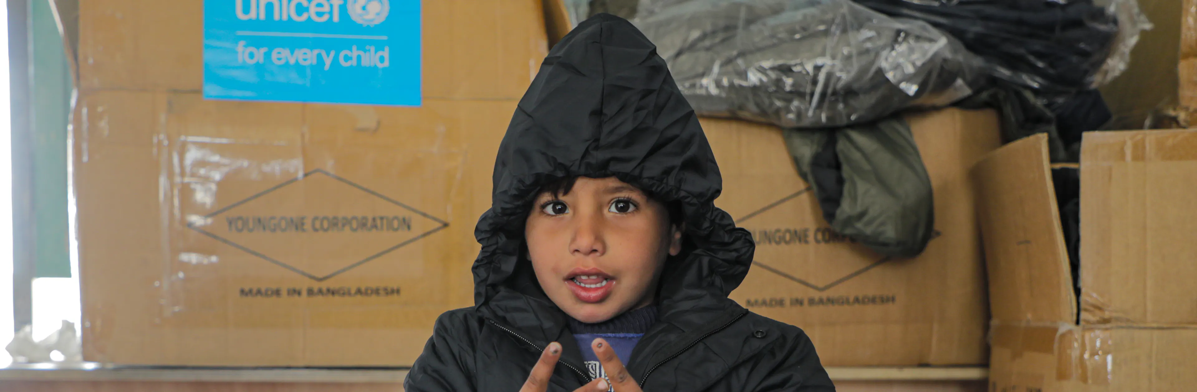 Children in the Gaza Strip face a harsh winter in makeshift shelters, exposed to the cold and rain. With Youngone’s support, we've provided warm clothes to 48,000 children—bringing comfort, hope, and much-needed relief. This partnership makes a big difference by keeping kids warm. While UNICEF continues to deliver essential supplies to families in the Gaza Strip, more support is still needed.