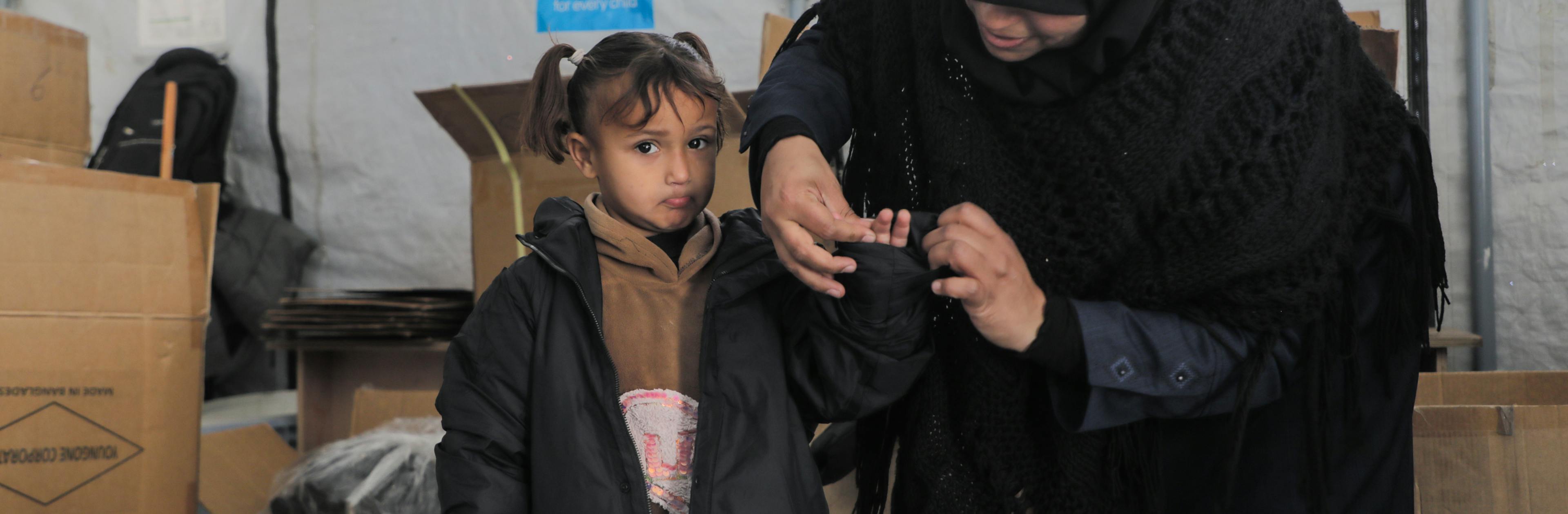 Children in the Gaza Strip face a harsh winter in makeshift shelters, exposed to the cold and rain. With Youngone’s support, we've provided warm clothes to 48,000 children—bringing comfort, hope, and much-needed relief. This partnership makes a big difference by keeping kids warm. While UNICEF continues to deliver essential supplies to families in the Gaza Strip, more support is still needed.