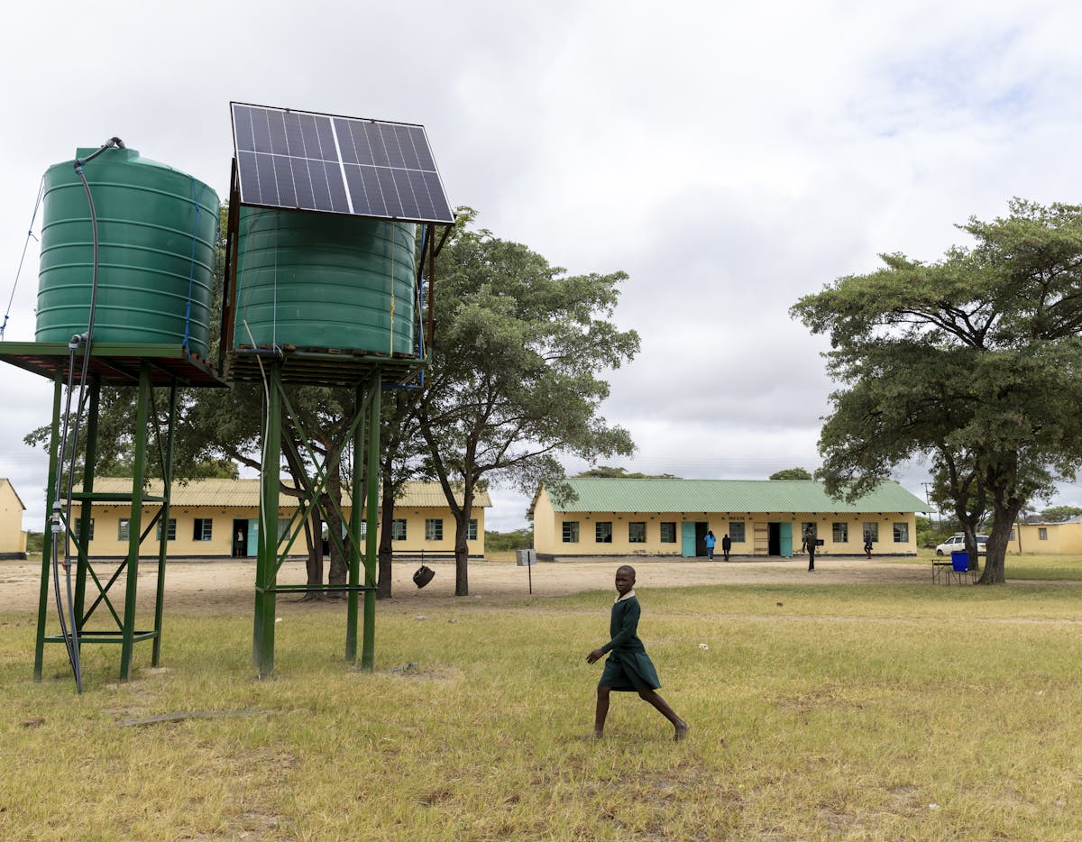 Water storage comntainers and solar panels instaled by UNICEF and partners at the Mapengani Primary school in Matebeleland South Province