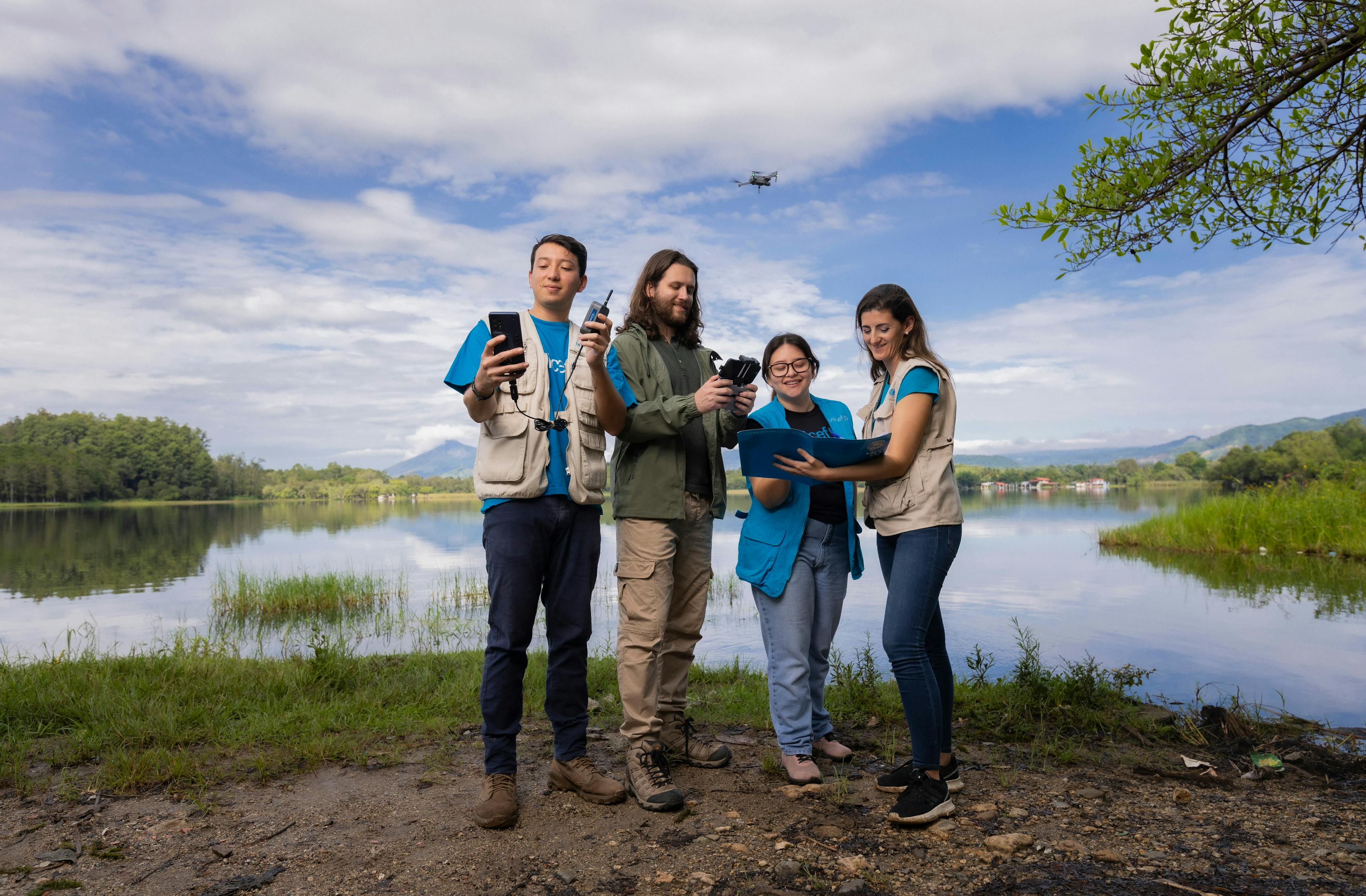 UNICEF Guatemala team members Maria Del Pilar Escudero, Ana Isabel Interiano Perez and Juan José Cifuentes, and Dan Alvarez, drone engineer from the company Aerobots in Guatemala and team member of the UNICEF-led Dronebots project.