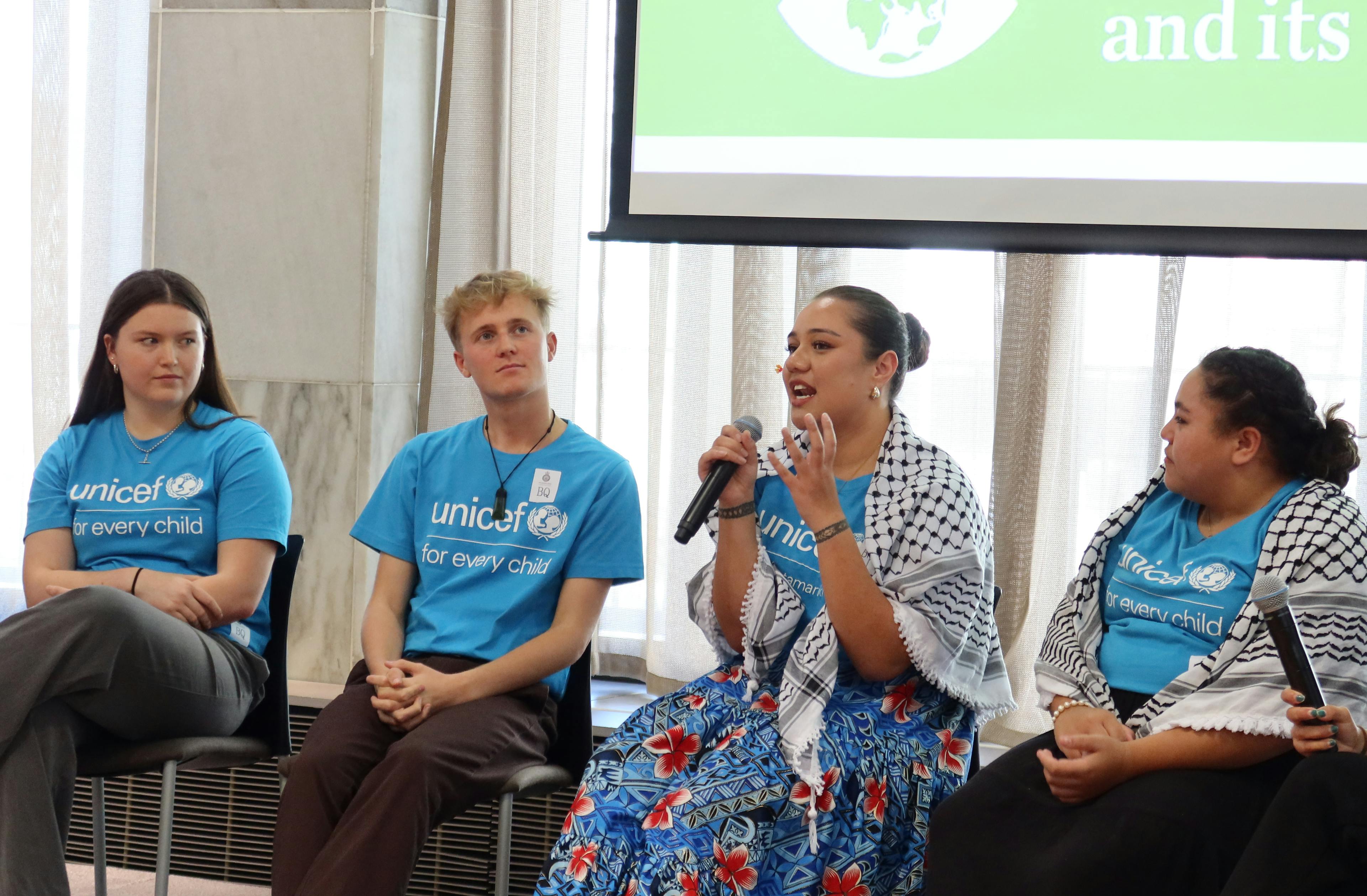 UNICEF Aotearoa's Young Ambassadors speaking at the first youth forum in Parliament.