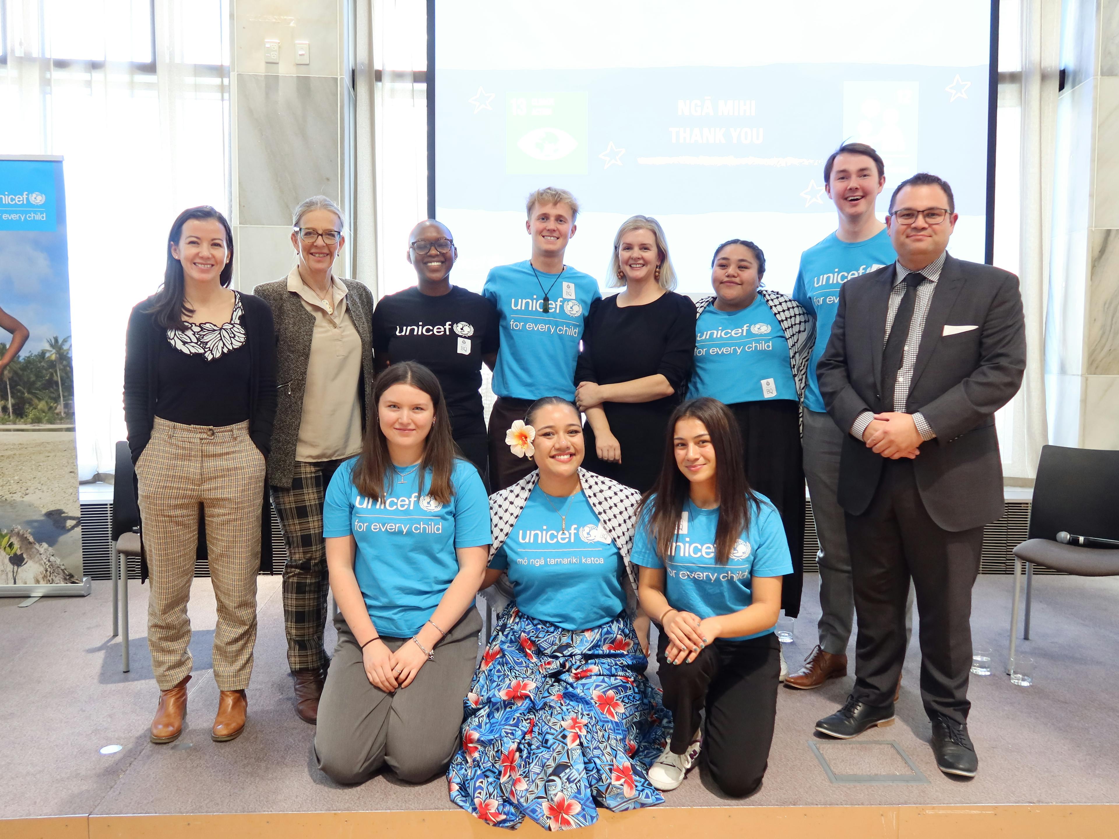 UNICEF Aotearoa's 2023 Young Ambassadors at the first Parliamentary Forum for Children's Rights at the Beehive in Wellington.