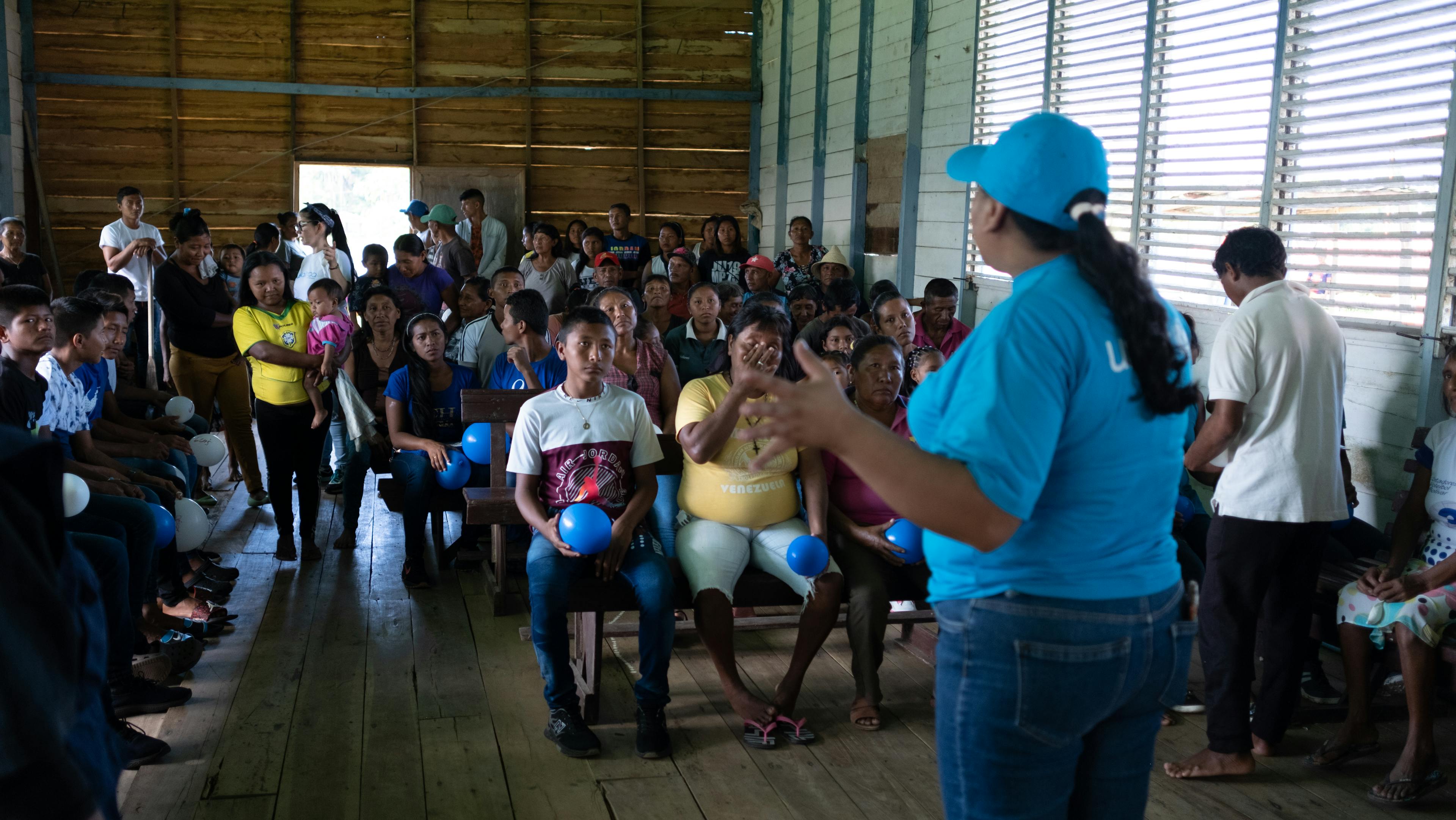 Nardi Torres, Accountability Technician to Affected Populations during the sensitization activity at a UNICEF-supported school located in San Francisco de Guayo in Delta Amacuro state, Venezuela.