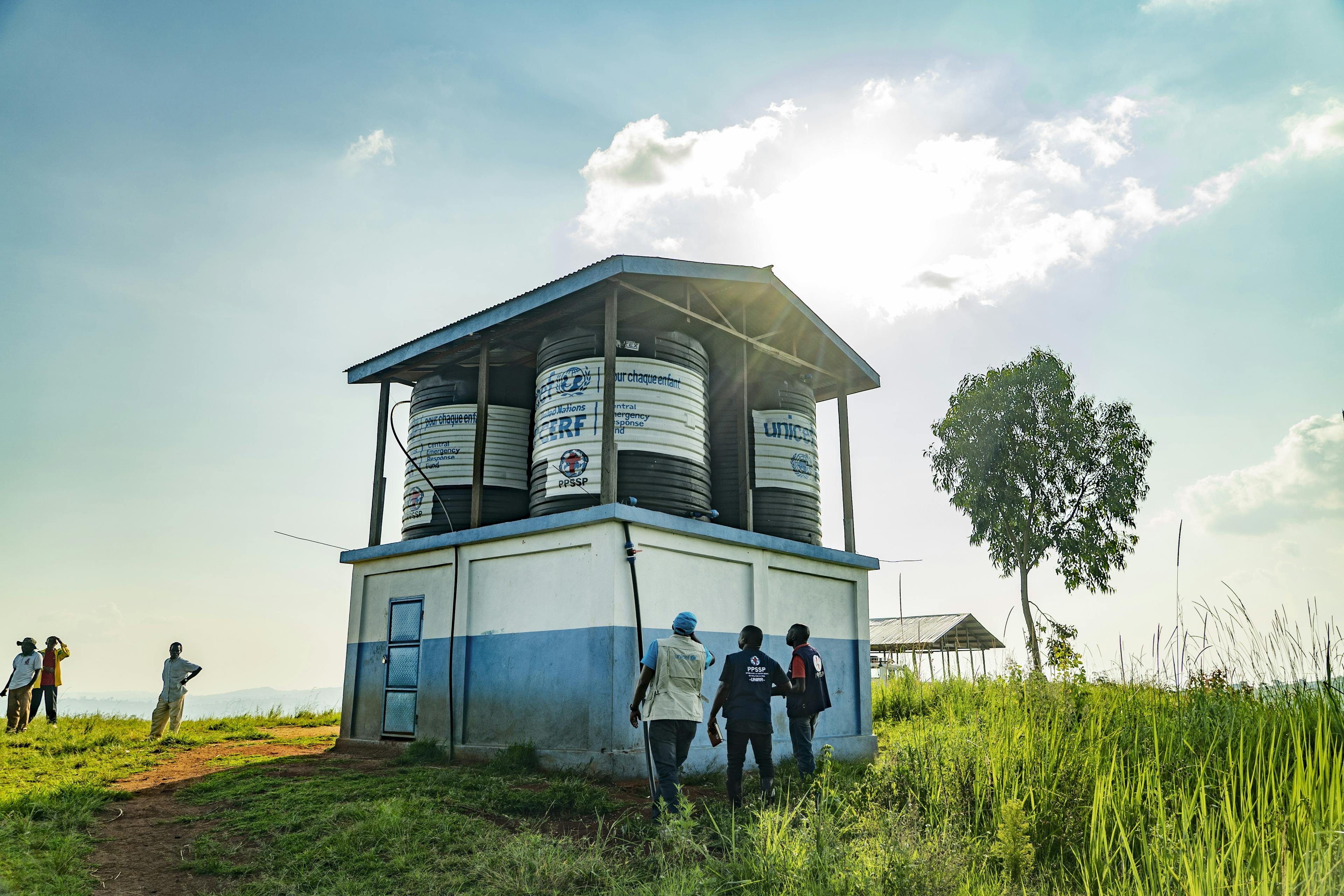 Water tanks installed by UNICEF with support from UNCERF in Rhoe IDP site, Ituri province, DR Congo on June 19, 2024.