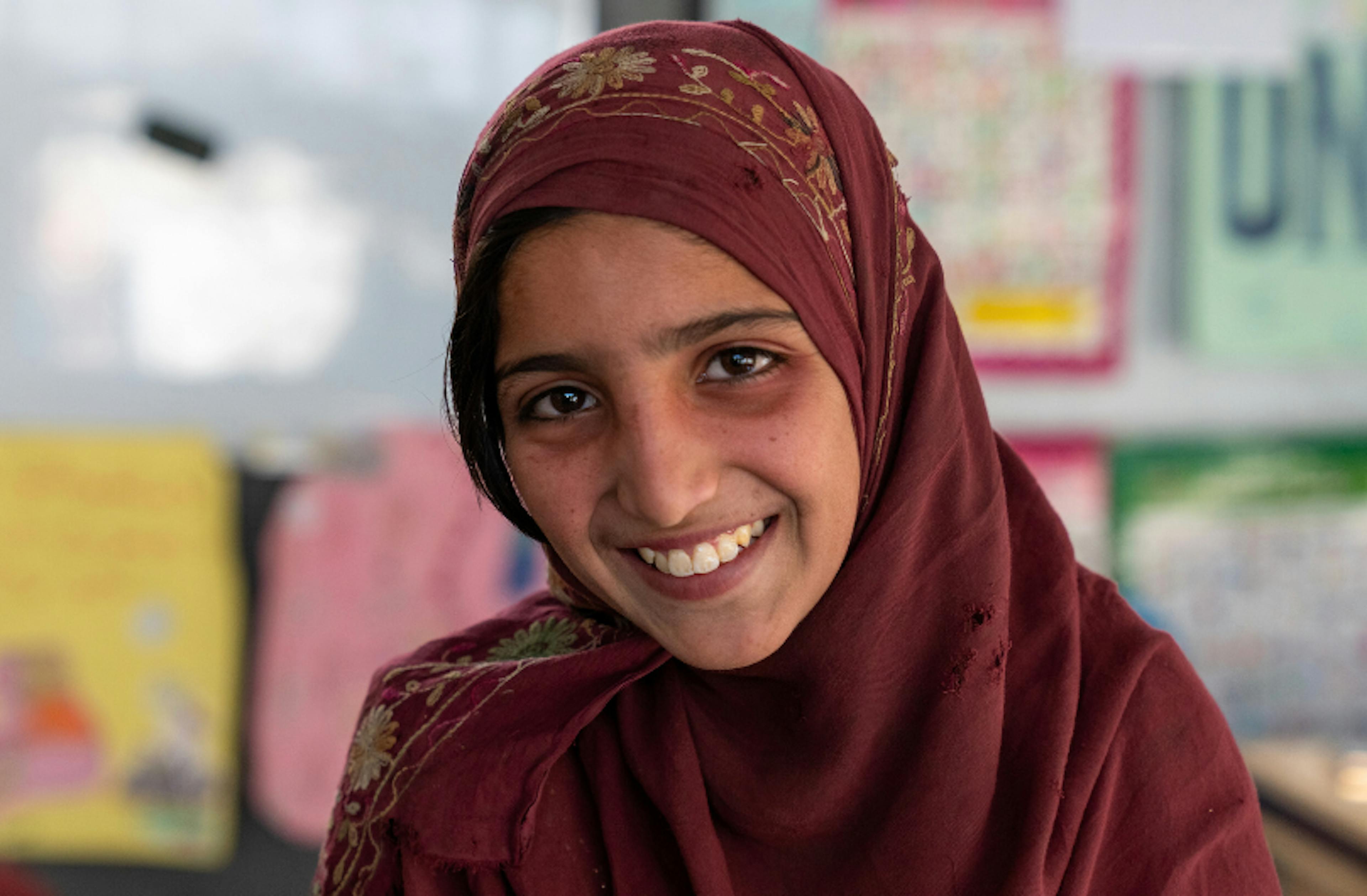 Afghan girls take part in activities at a UNICEF-supported child-friendly space established in Afghanistan.