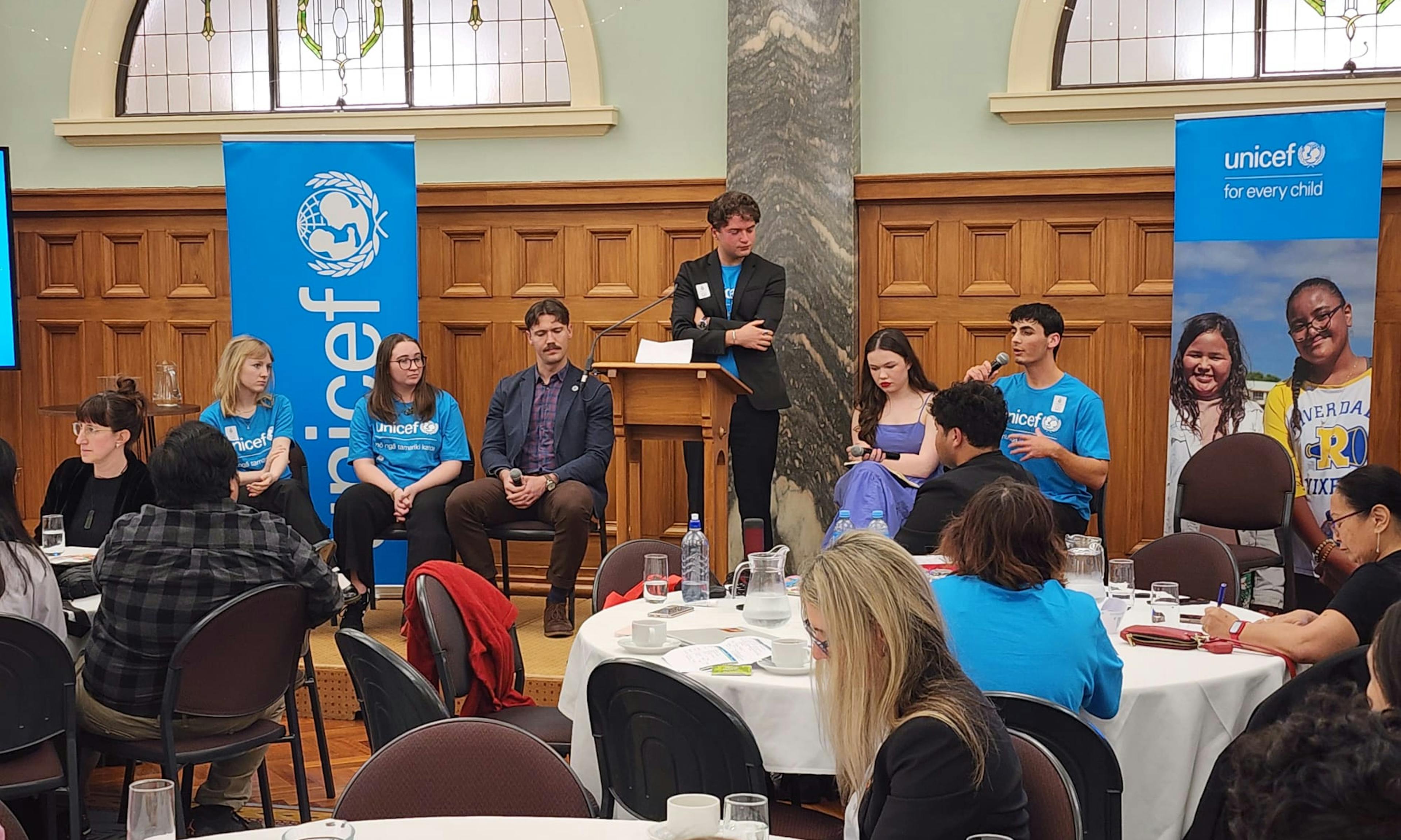 The 2024 UNICEF Aotearoa Young Ambassadors at a panel discussion at the World Children's Day parliamentary forum.