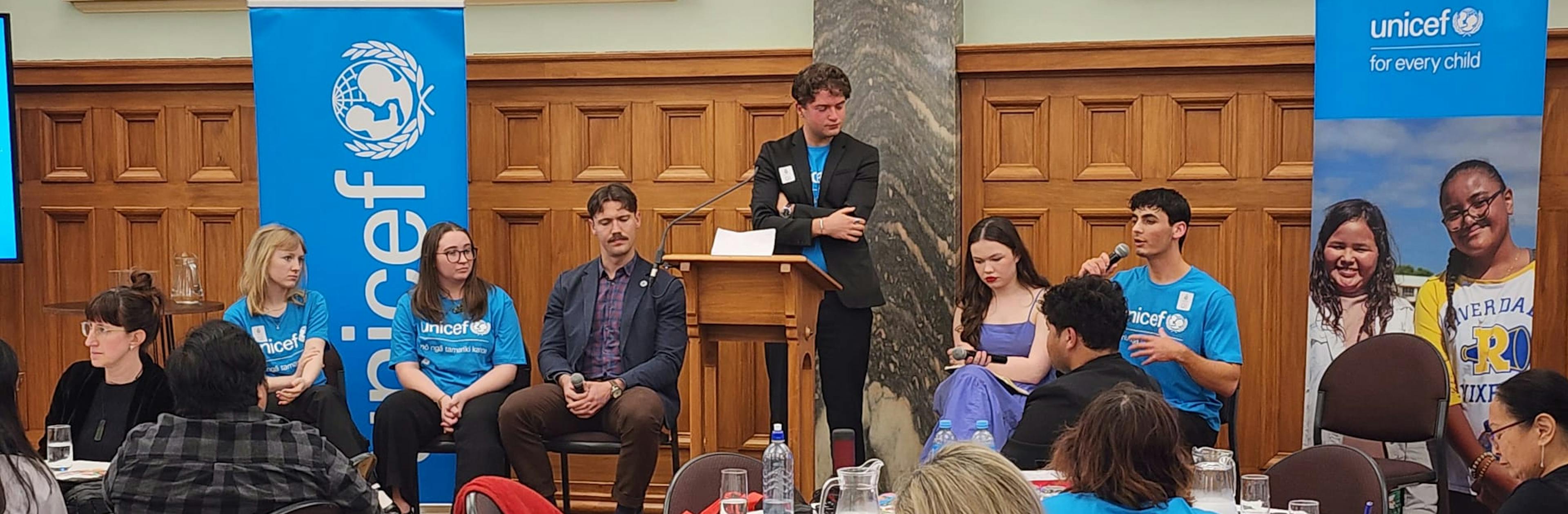 The 2024 UNICEF Aotearoa Young Ambassadors at a panel discussion at the World Children's Day parliamentary forum.