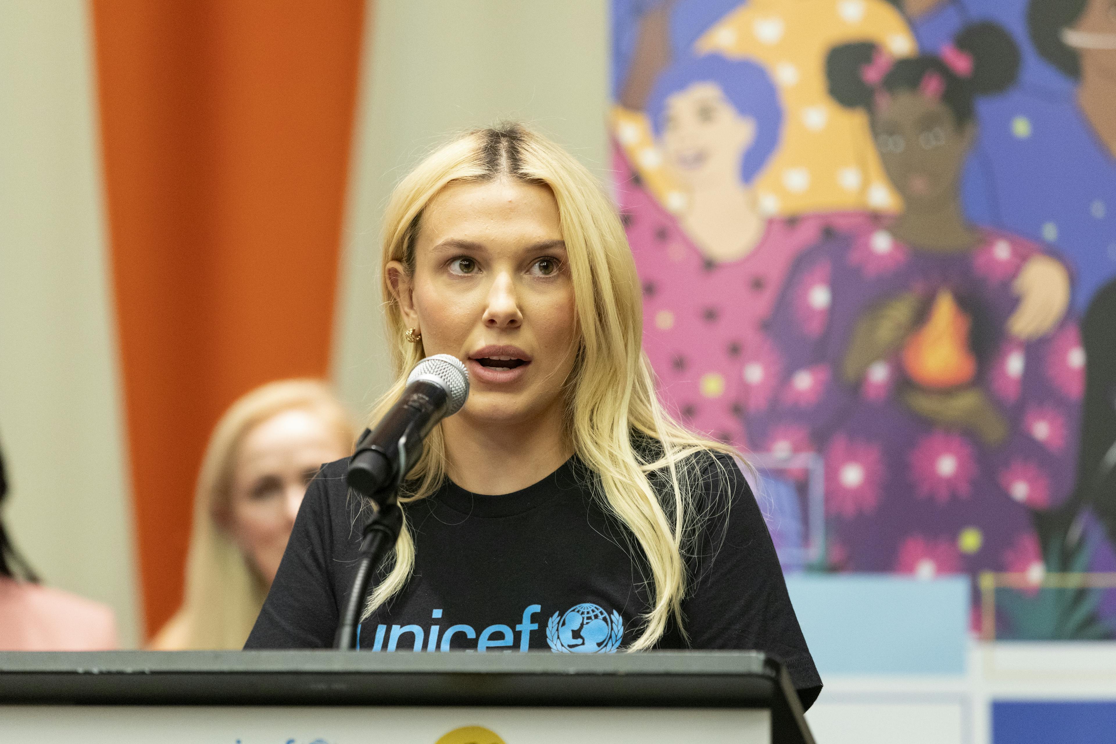 Millie Bobby Brown, UNICEF Goodwill Ambassador, delivers the keynote speech during ‘POWER4Girls: Invest in girls, transform the world’, a high-level event convened on 10 March 2025 at United Nations Headquarters in New York during the 69th session of the Commission on the Status of Women (CSW).