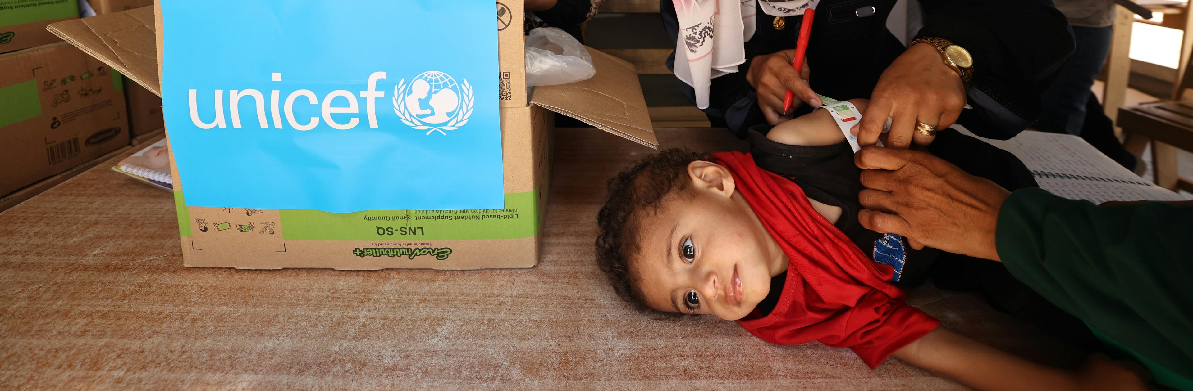Vulnerable children receive nutrition support at a UNICEF-supported malnutrition screening and treatment point in Khan Yunis, southern Gaza Strip 

