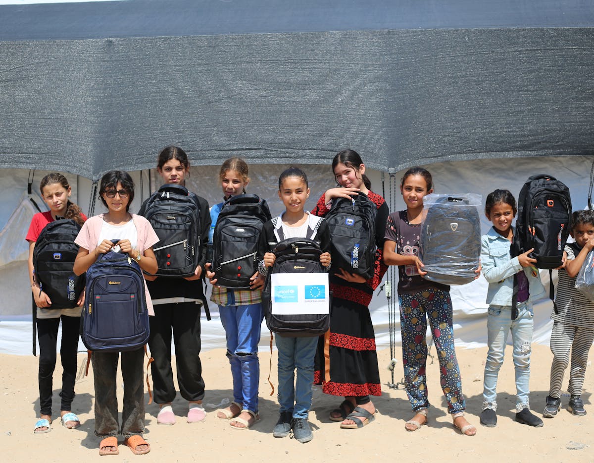 With the generous support of European Union Humanitarian Aid (ECHO), UNICEF distributed over 635 stationary kits to children in Central and South Gaza on 10 June 2025, to facilitate their participation in informal learning activities. The same day, UNICEF also installed 26 high performance tents in Al Mawasi and Nuseirat, opening additional spaces where children can enjoy a quality, accelerated learning experience.