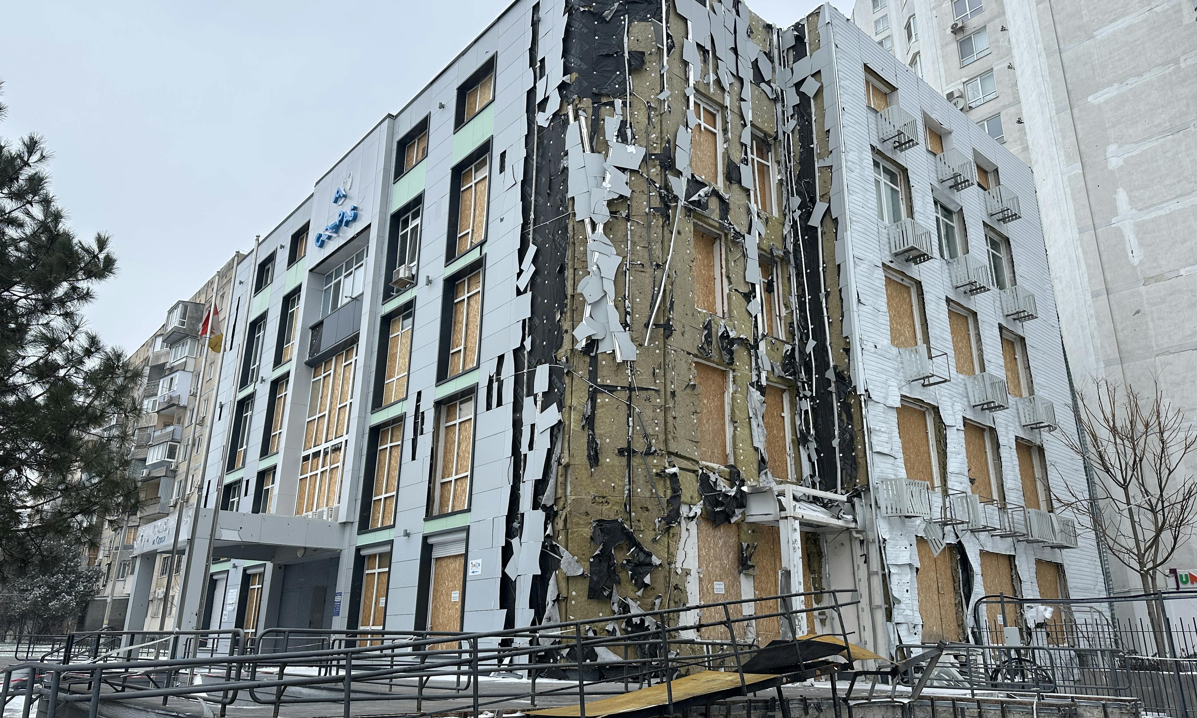 Odesa, Ukraine. The exterior of the Odesa Children’s Clinic shows boarded-up windows.