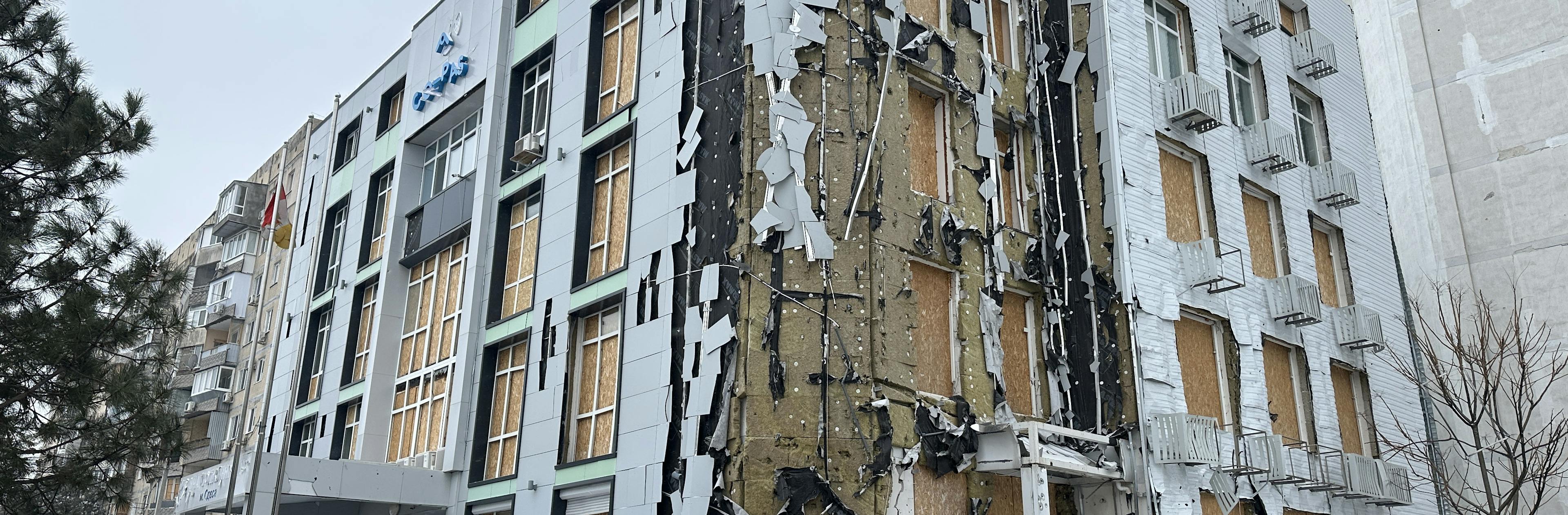 Odesa, Ukraine. The exterior of the Odesa Children’s Clinic shows boarded-up windows.