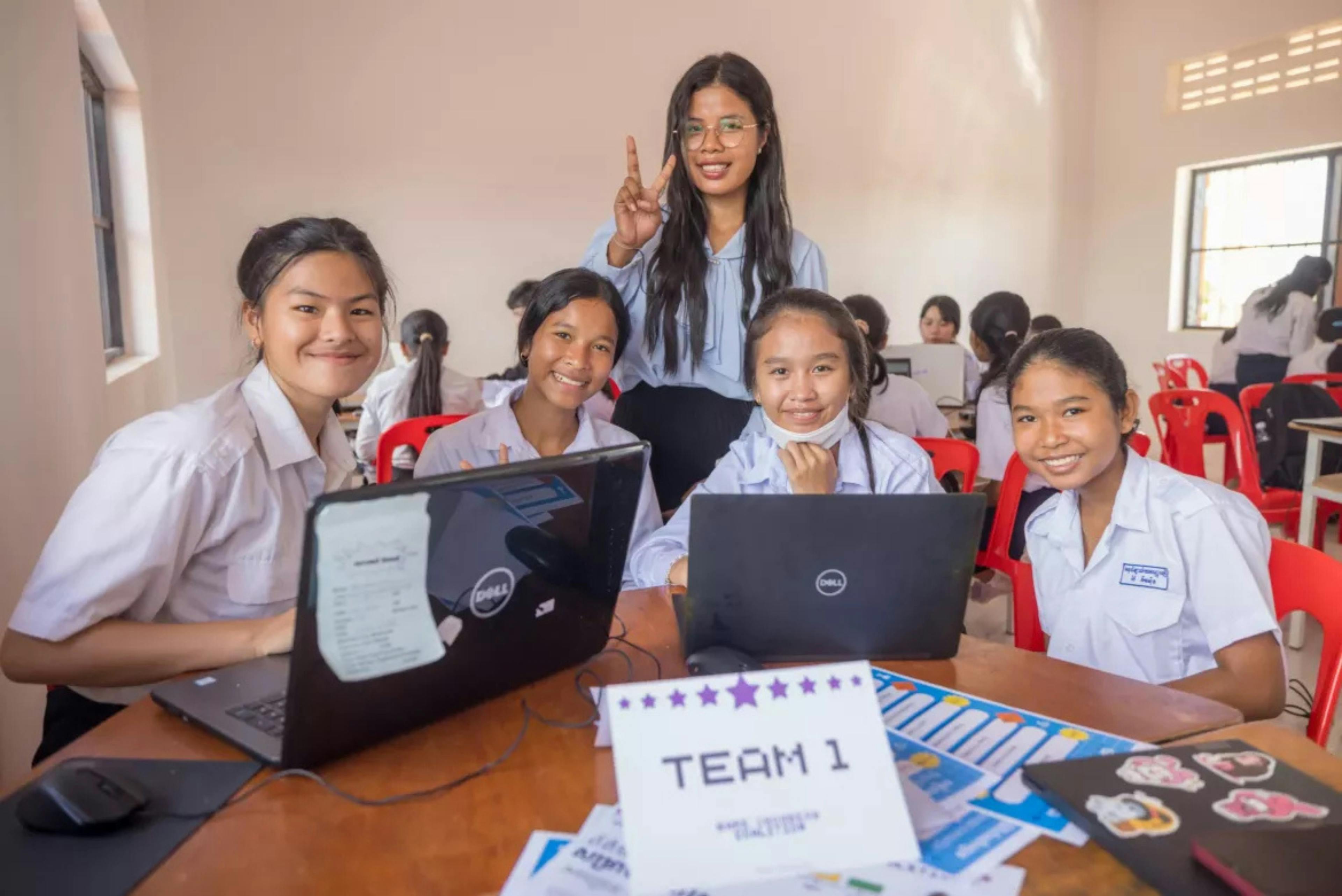A two-day Game Jam event in Siem Reap, Cambodia, included 49 female students from four pilot schools and 12 young mentors competing in teams to design and pitch their own video games to a panel of judges