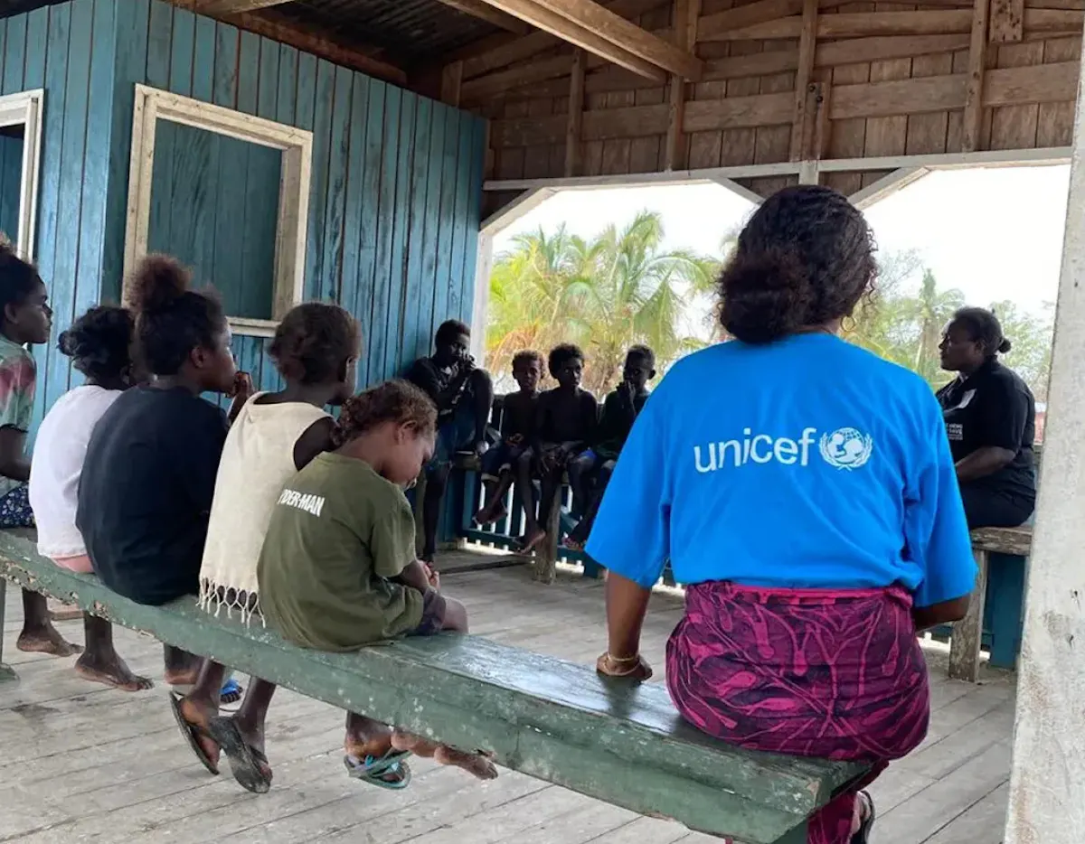 In Saqigae, south Choiseul, UNICEF and partner Save the Children engage with children affected by Tropical Cyclone Maila, creating safe spaces for them to share their experiences and begin healing.