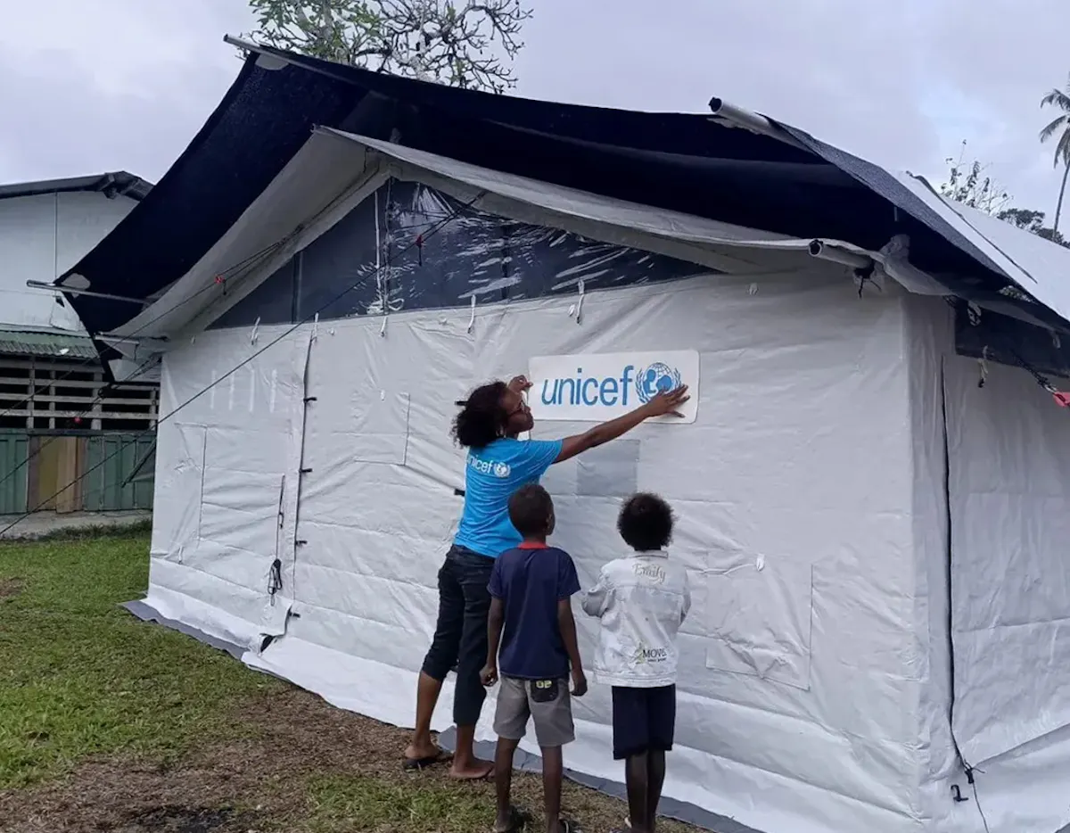 A temporary learning space stands ready in Choiseul Province after Tropical Cyclone Maila damaged schools and disrupted education for thousands of children. 