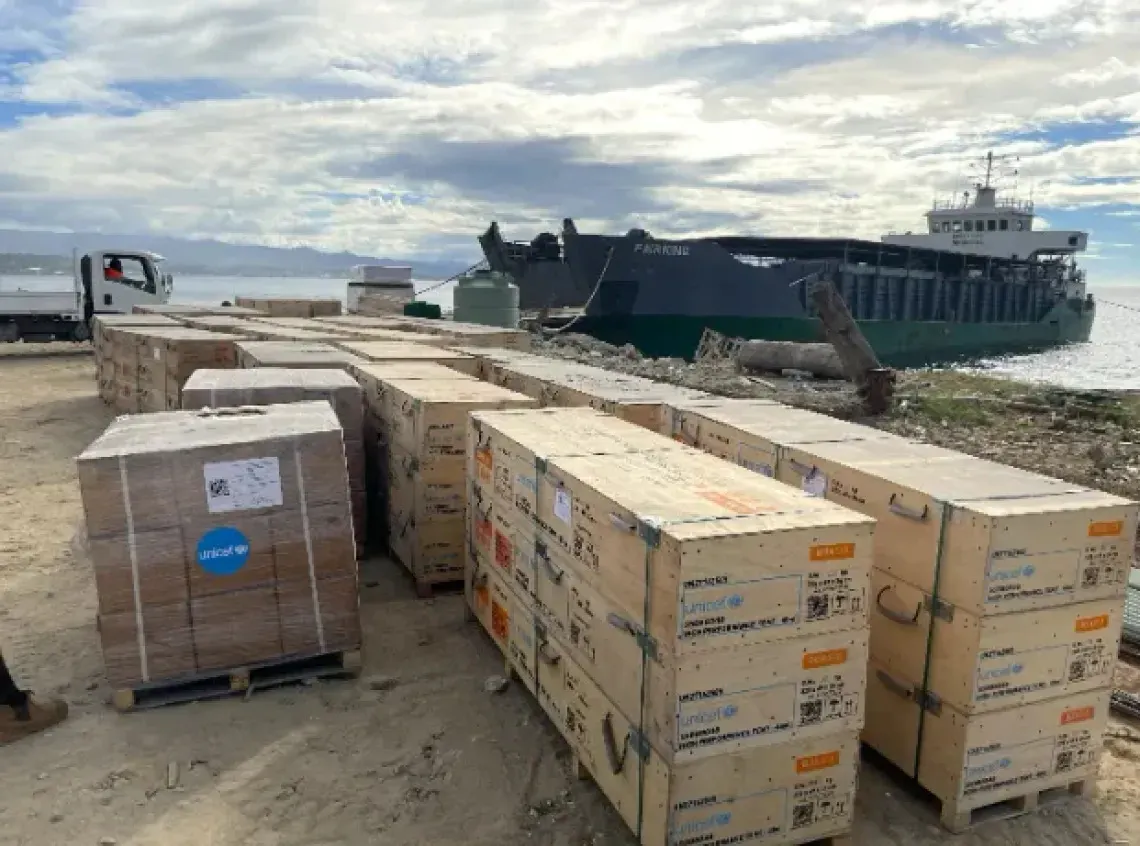 Education supplies await shipment aboard the landing vessel Fair King as UNICEF Pacific in Solomon Islands responds to Tropical Cyclone Maila.