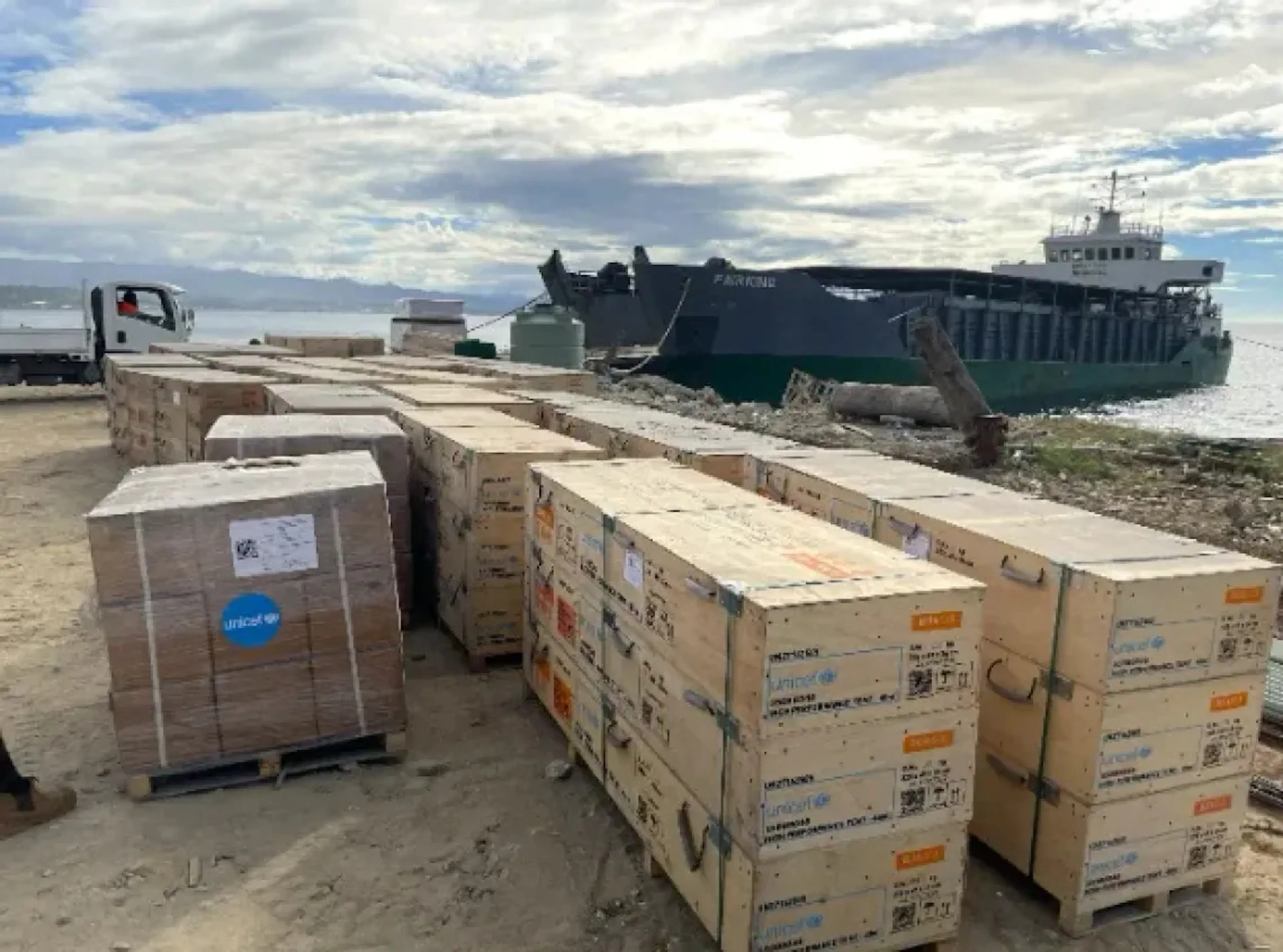 Education supplies await shipment aboard the landing vessel Fair King as UNICEF Pacific in Solomon Islands responds to Tropical Cyclone Maila. 