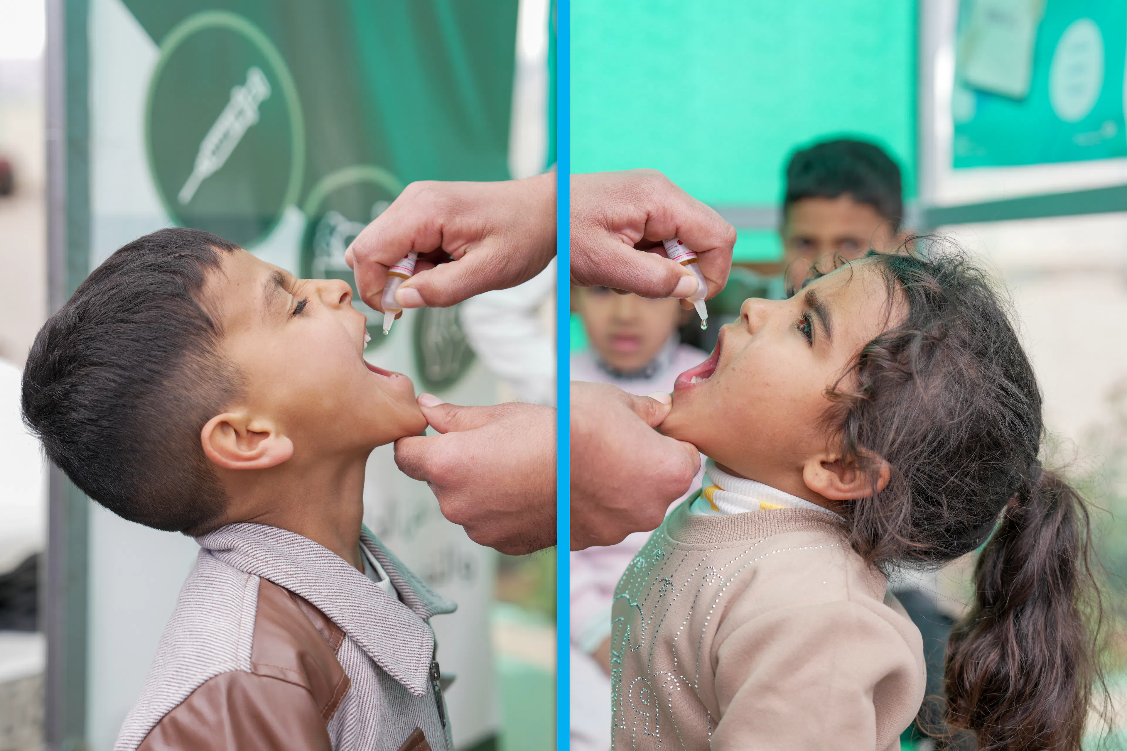 Kamar, 4, receives a polio vaccine from a UNICEF supported mobile health and nutrition team upon her arrival from Lebanon at the Joussieh border crossing in Homs Governorate, Syria, on 30 March 2026.