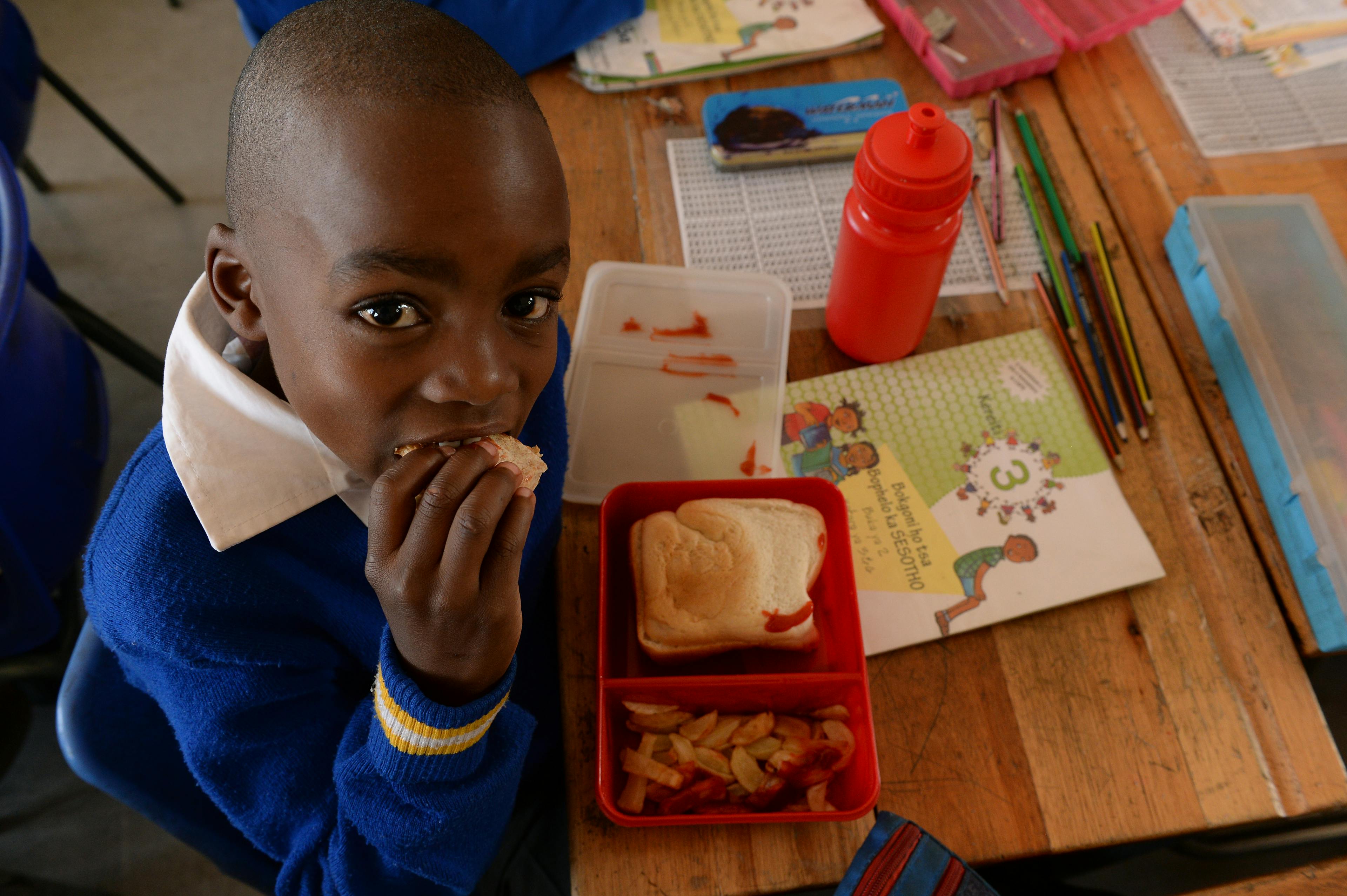 A school boy eats a sandwich from his lunch box