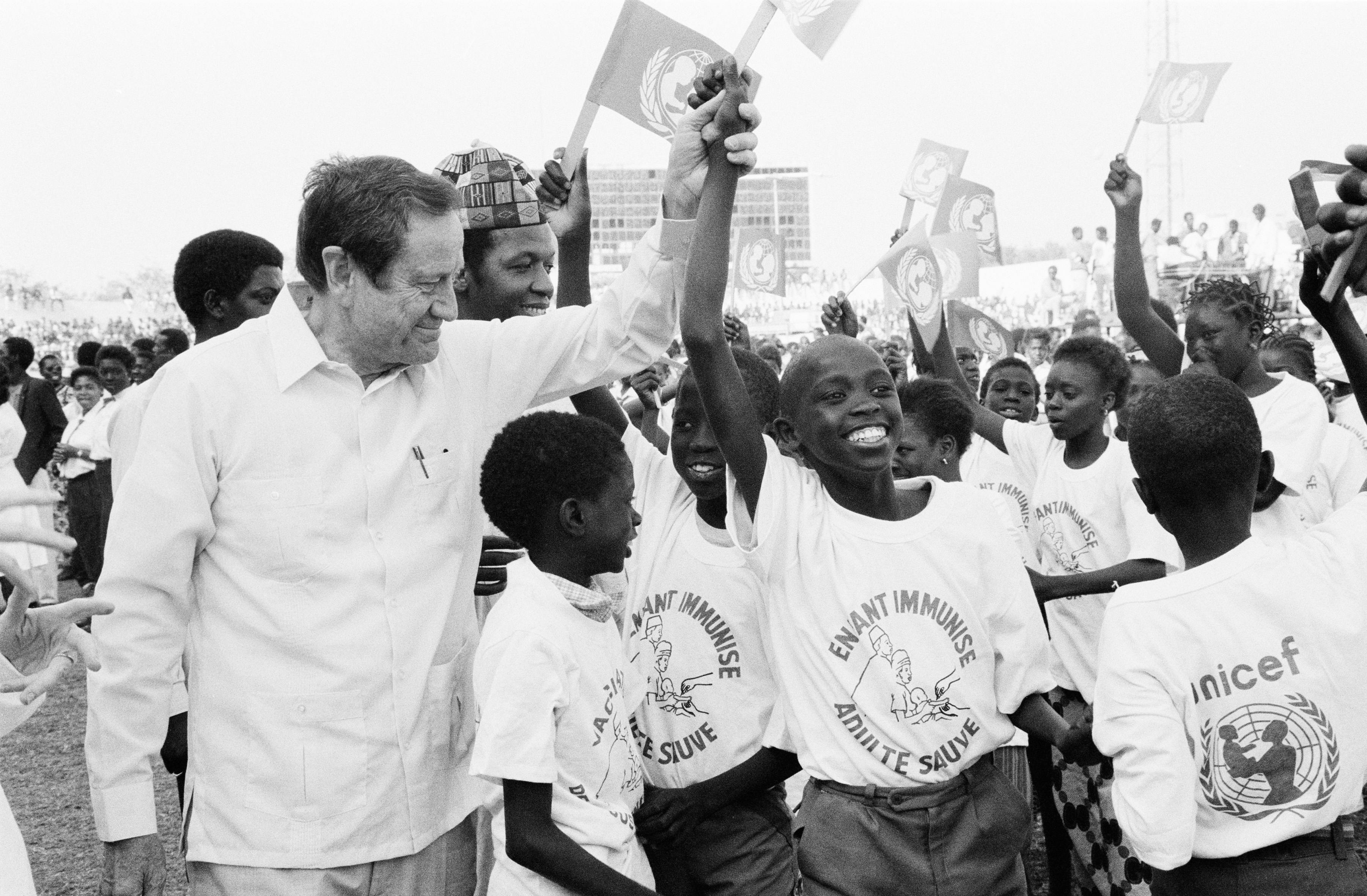 In 1987 in Senegal, UNICEF Executive Director James Grant and UNICEF Goodwill Ambassador Liv Ullman joined more than 50,000 people at Demba Diop National Stadium in Dakar, the capital, in support of child survival and development. 