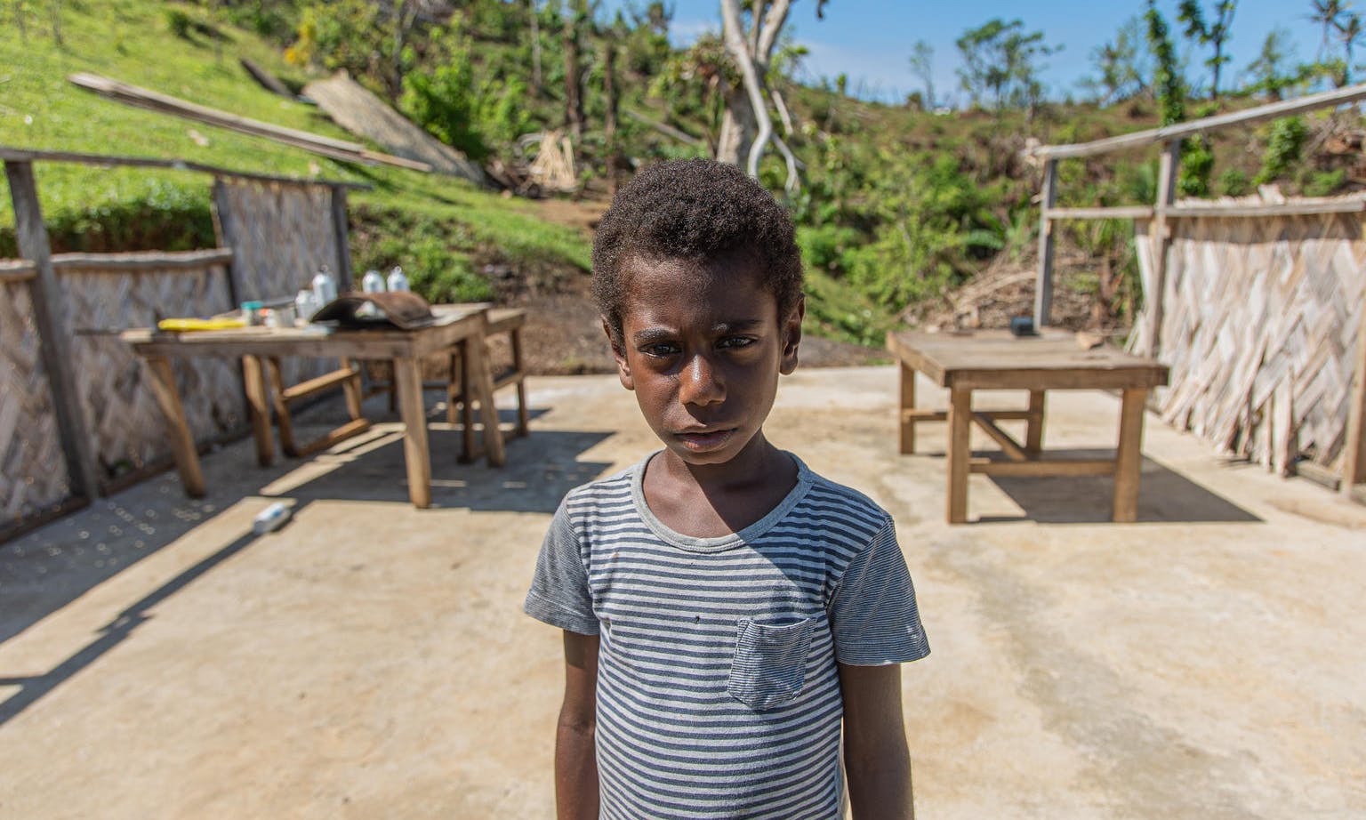 Samuel's classroom was destroyed by the cyclone.