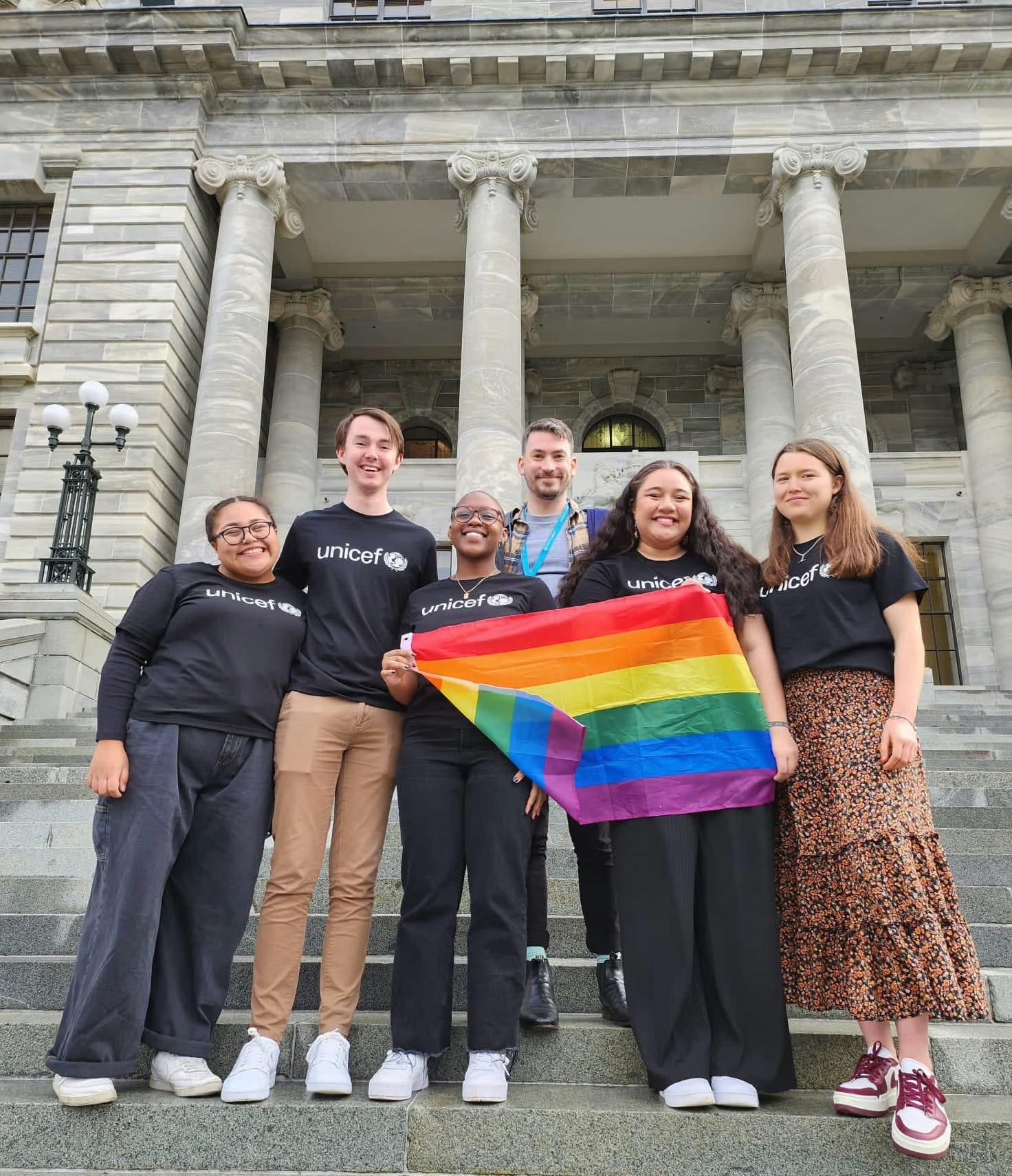 UNICEF Aotearoa 2023 Young Ambassadors outside Parliament