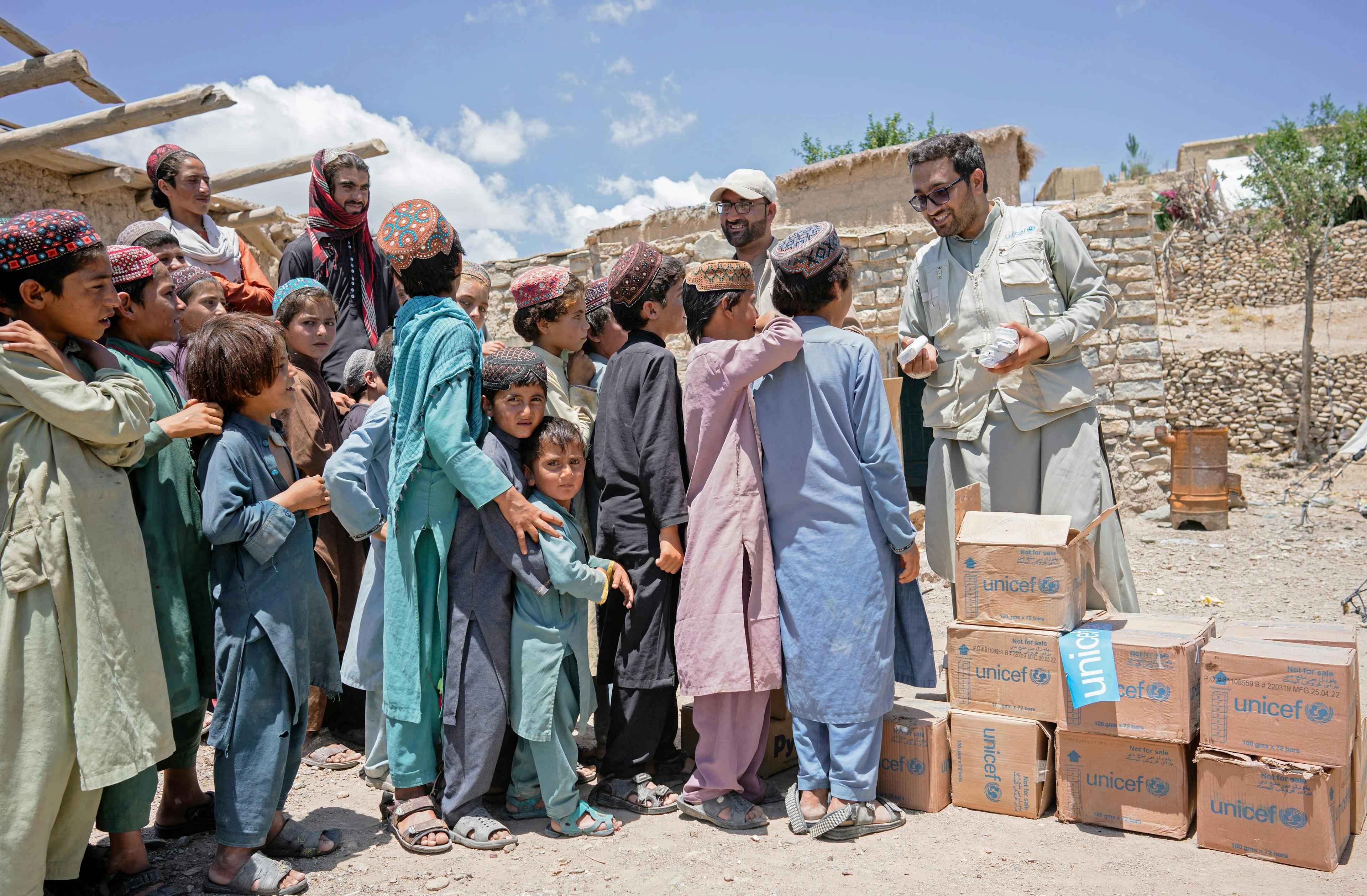 Emergency- A UNICEF WASH Officer, distributes hygiene items to the survivors of June’s devastating earthquake in Barmal District, Paktika Province, Afghanistan.