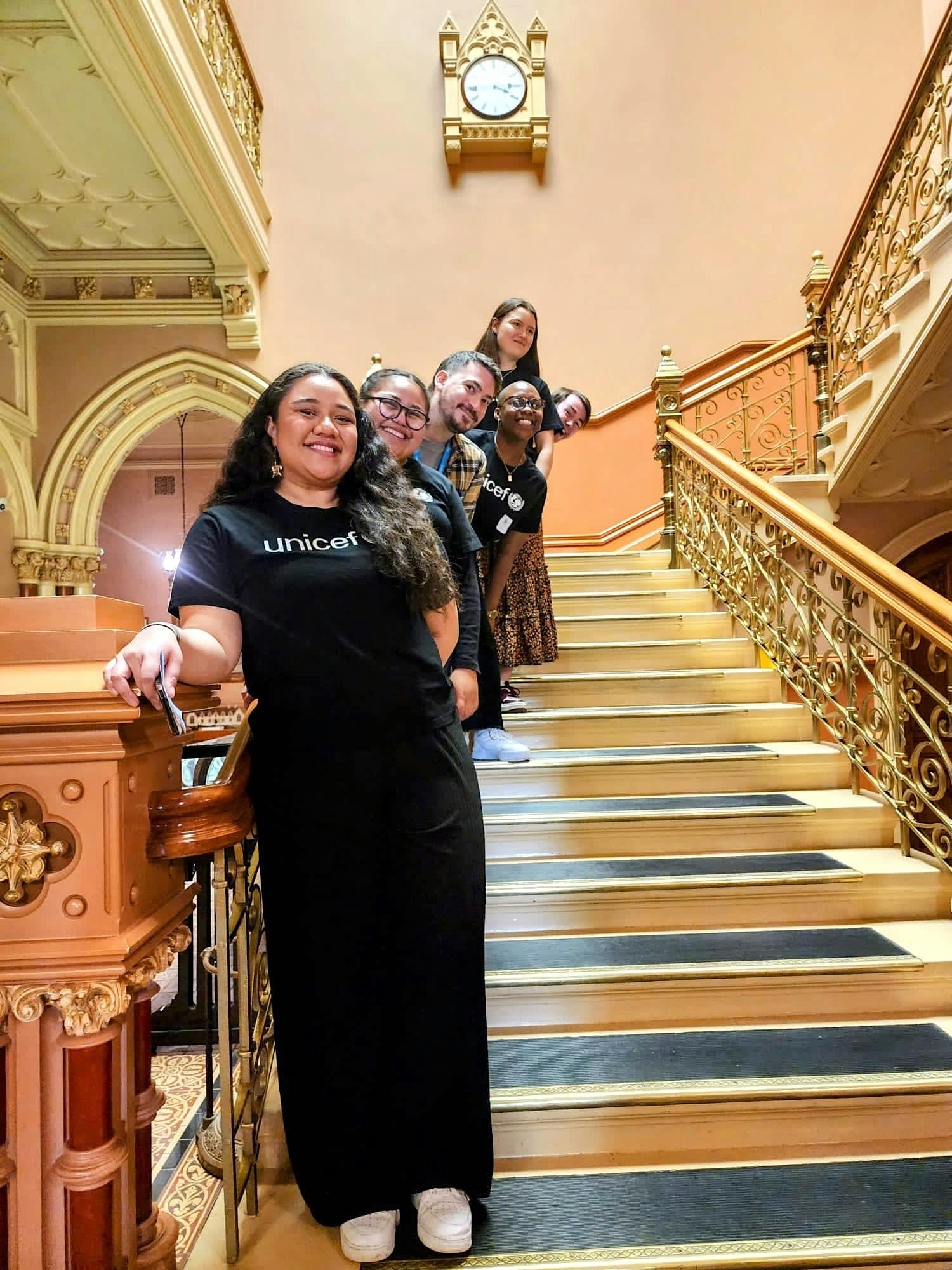 UNICEF Aotearoa 2023 Young Ambassadors inside New Zealand's parliamentary building in Wellington