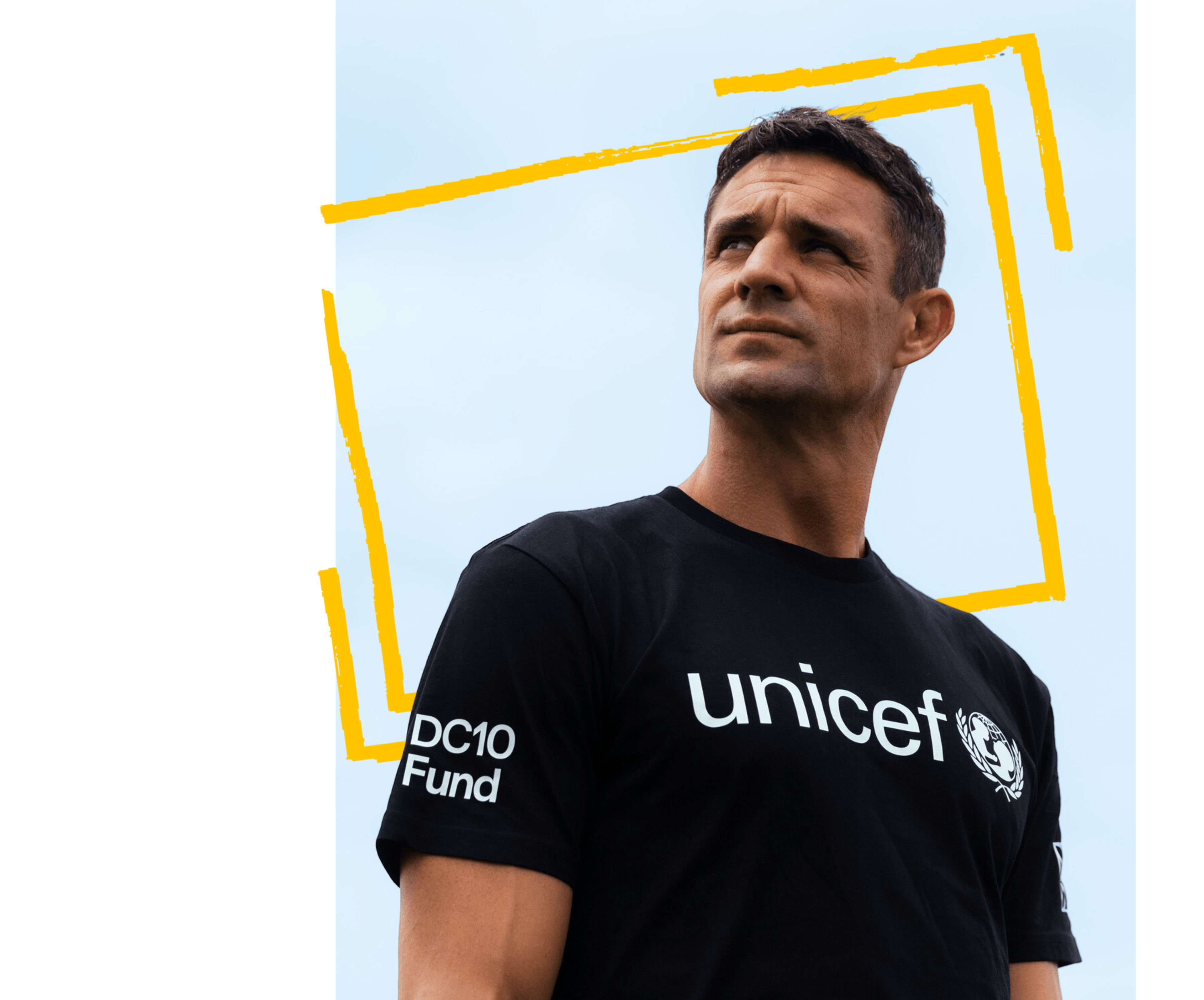 UNICEF Aotearoa Ambassador rugby legend Dan Carter in a DC10 Fund shirt